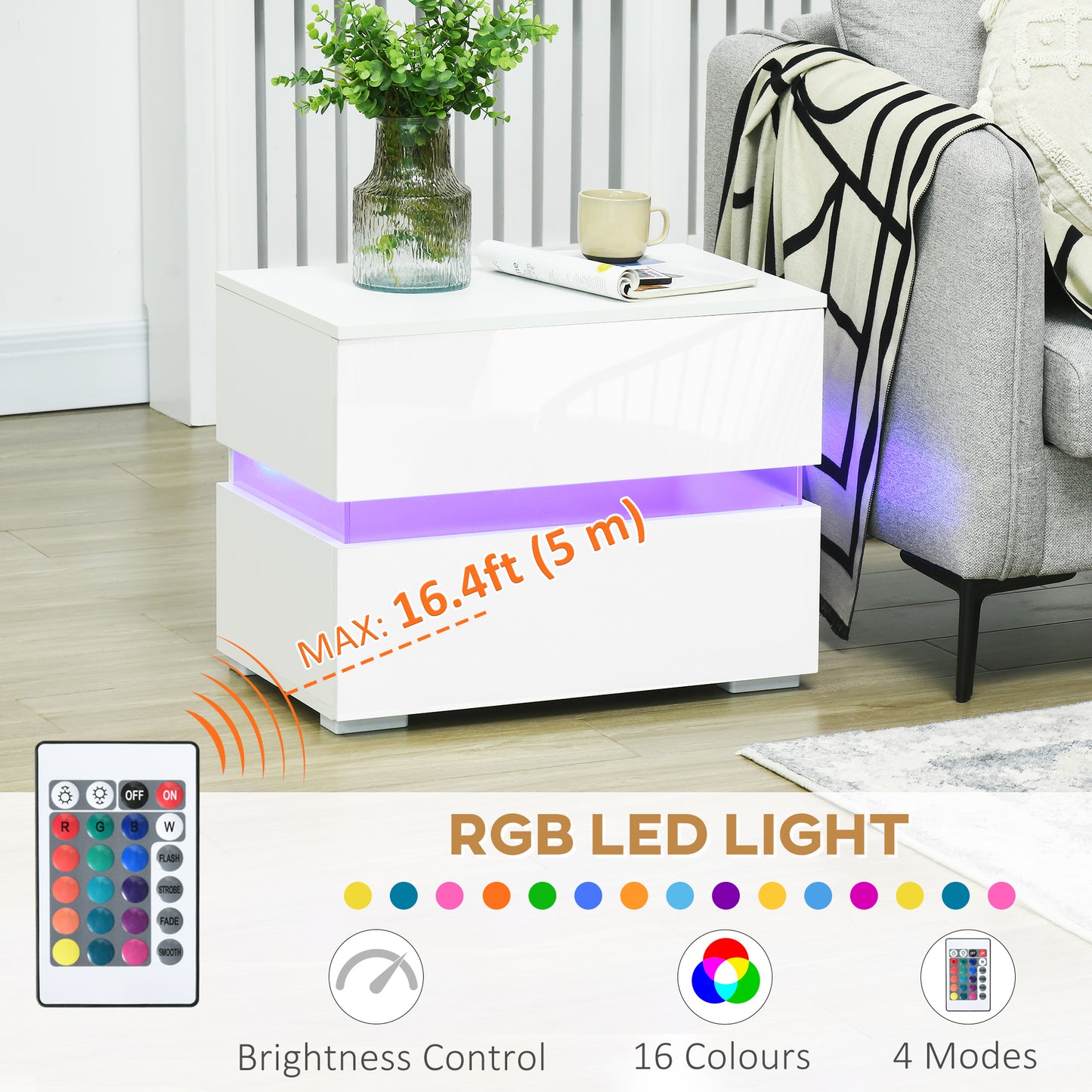 Large LED Nightstand with RGB Lighting and 2 Drawers, White