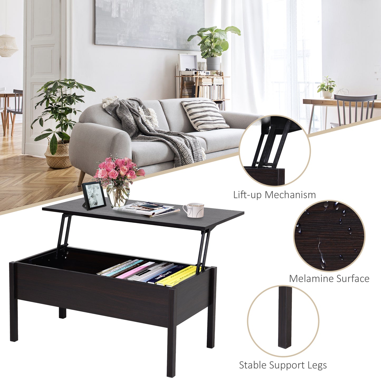 39" Lift Top Coffee Table with Hidden Storage, Coffee