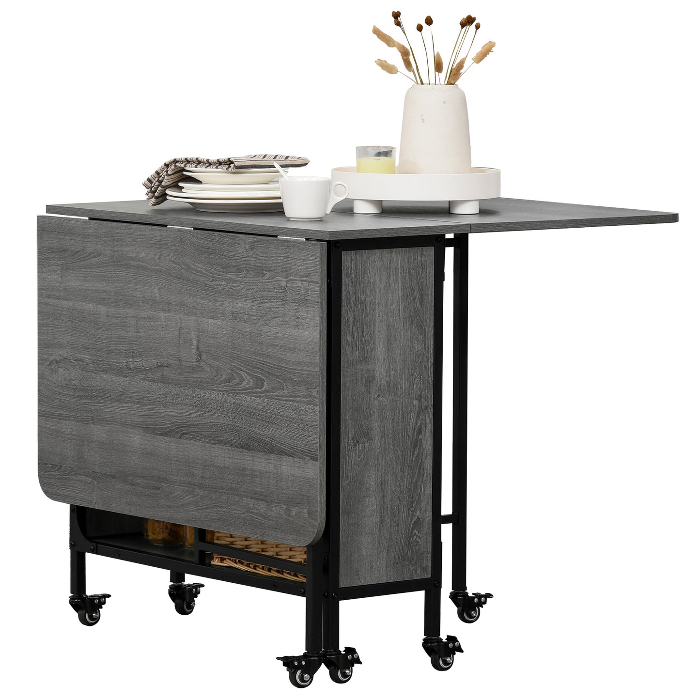 Folding Dining Table with Storage Shelf and 6 Wheels - Distressed Gray