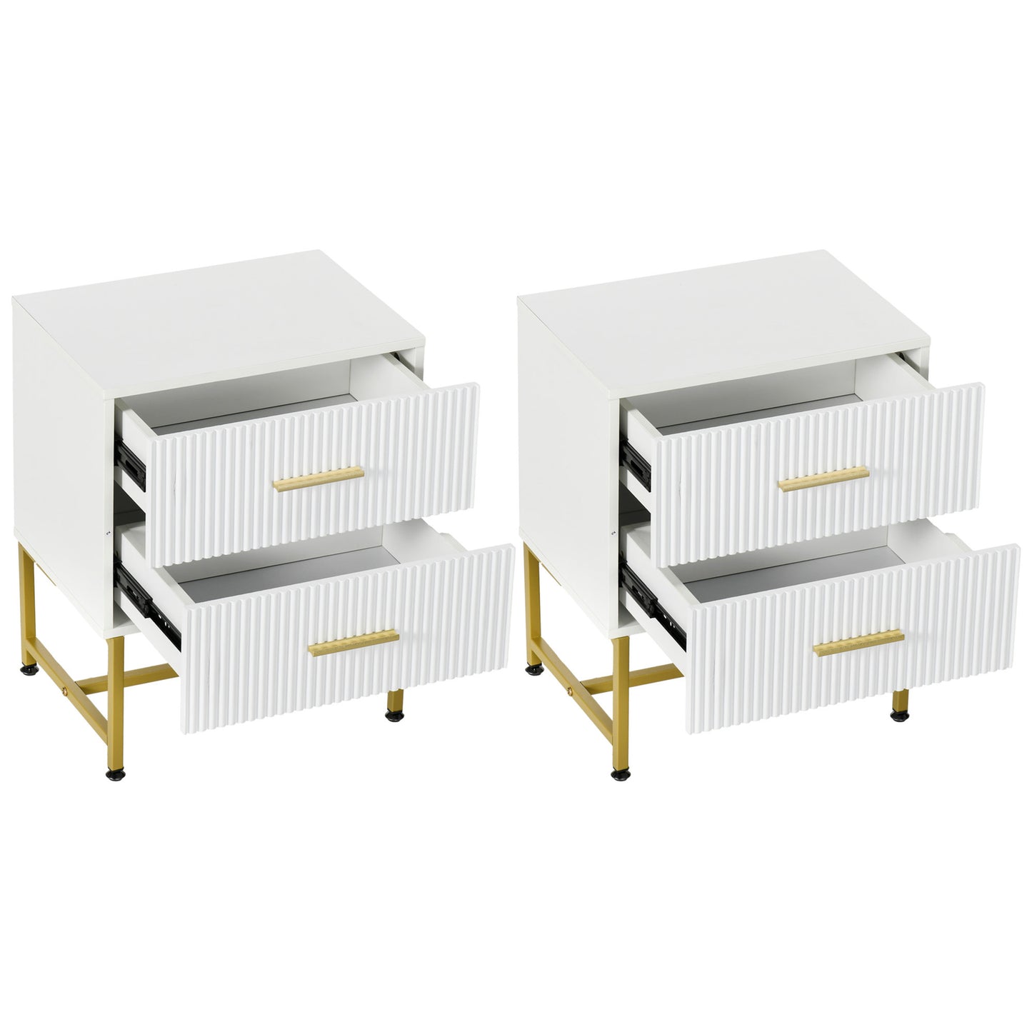 Modern Fluted Nightstands with Gold Legs and 2 Drawers, White (Set of 2)