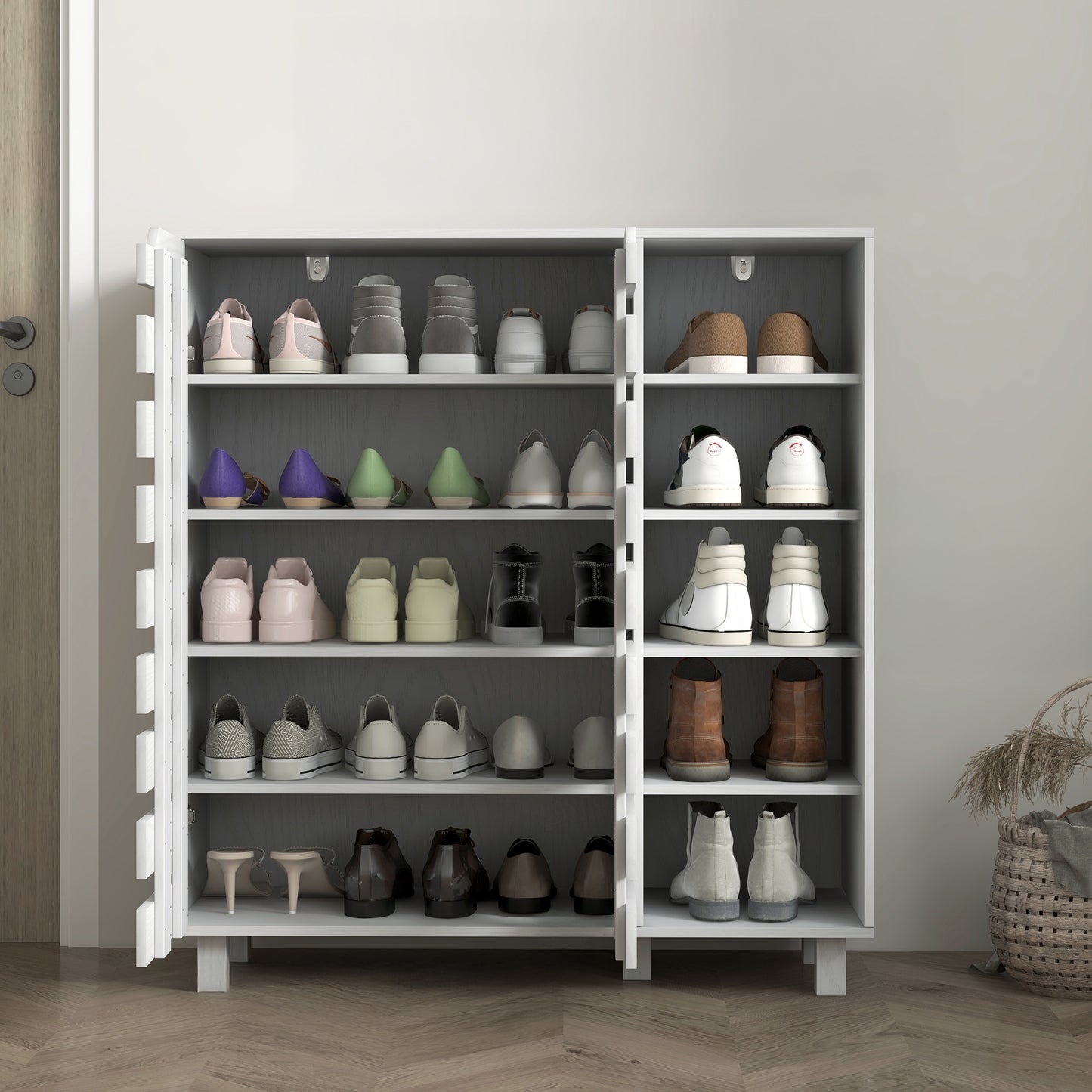 21 Pair Shoe Storage Cabinet with Double Doors and Open Shelves, White