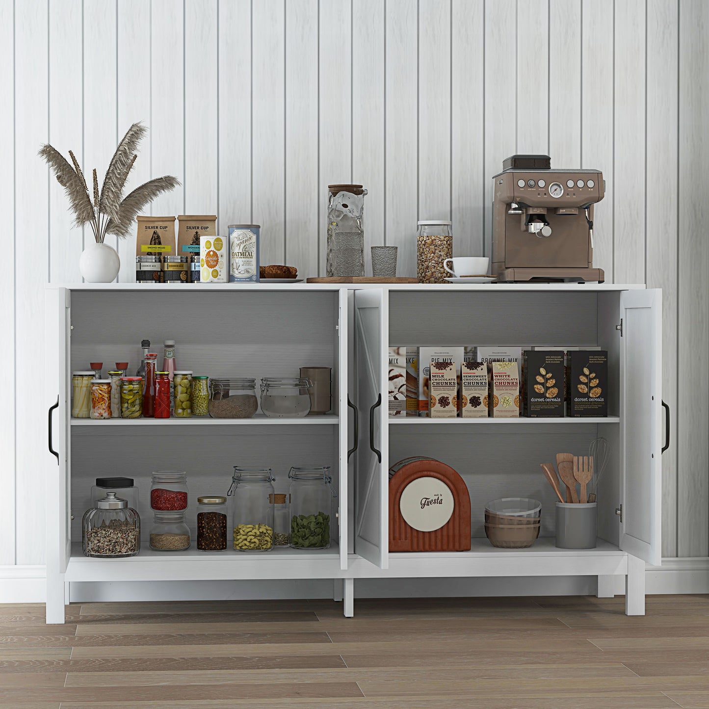 Farmhouse Buffet Storage Cabinet with Barn Door Design - White