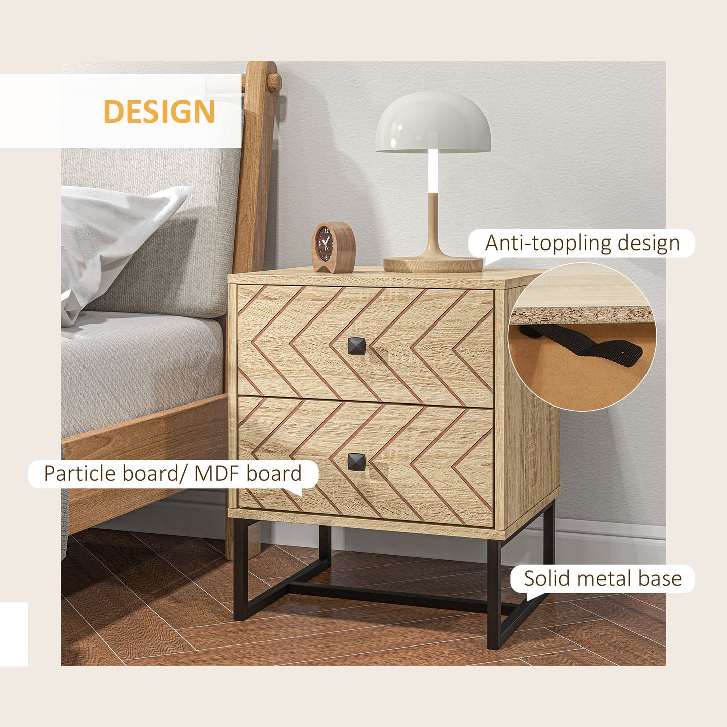 Modern Nightstand with Zig-Zag Design and 2 Drawers, Natural Wood