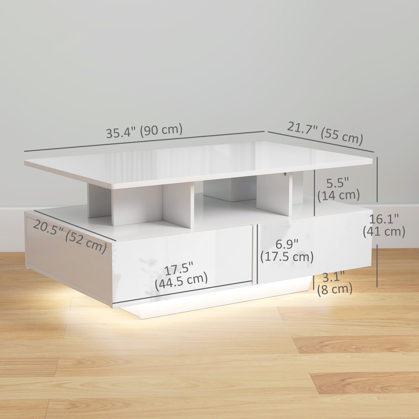 RGB LED Coffee Table with 4 Drawers, High Gloss White