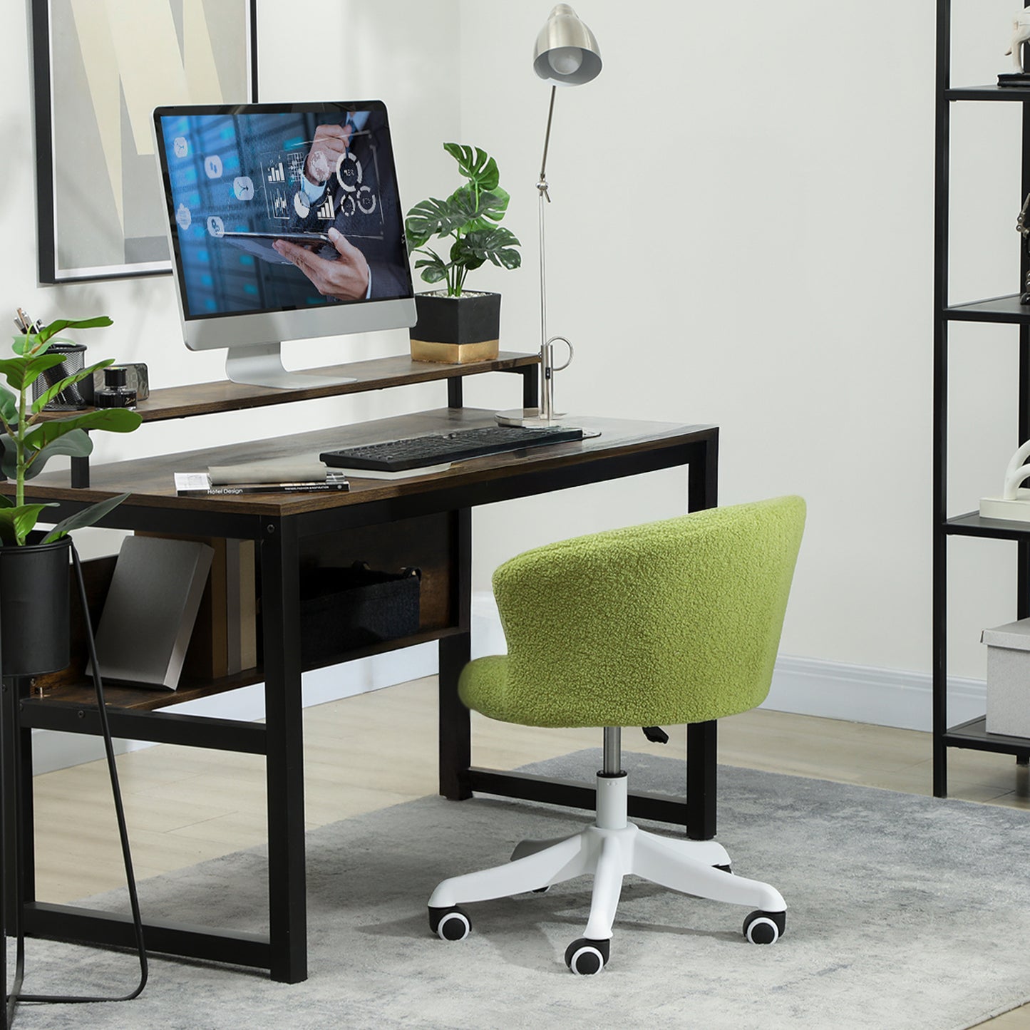 Adjustable Height Swivel Office Chair with Teddy Fleece Upholstery, Light Green