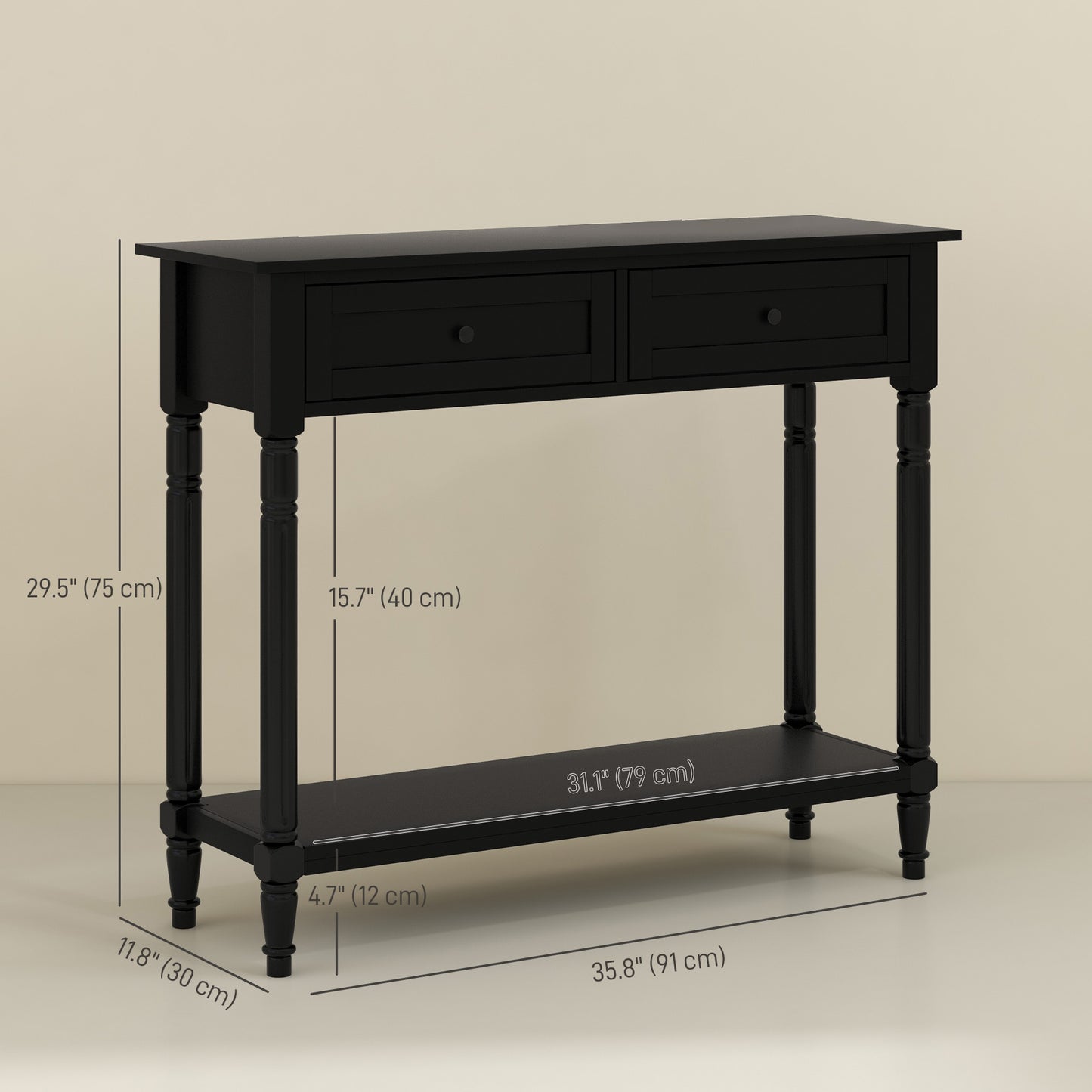 36" Console Table with Classic Turned Legs and Storage, Black