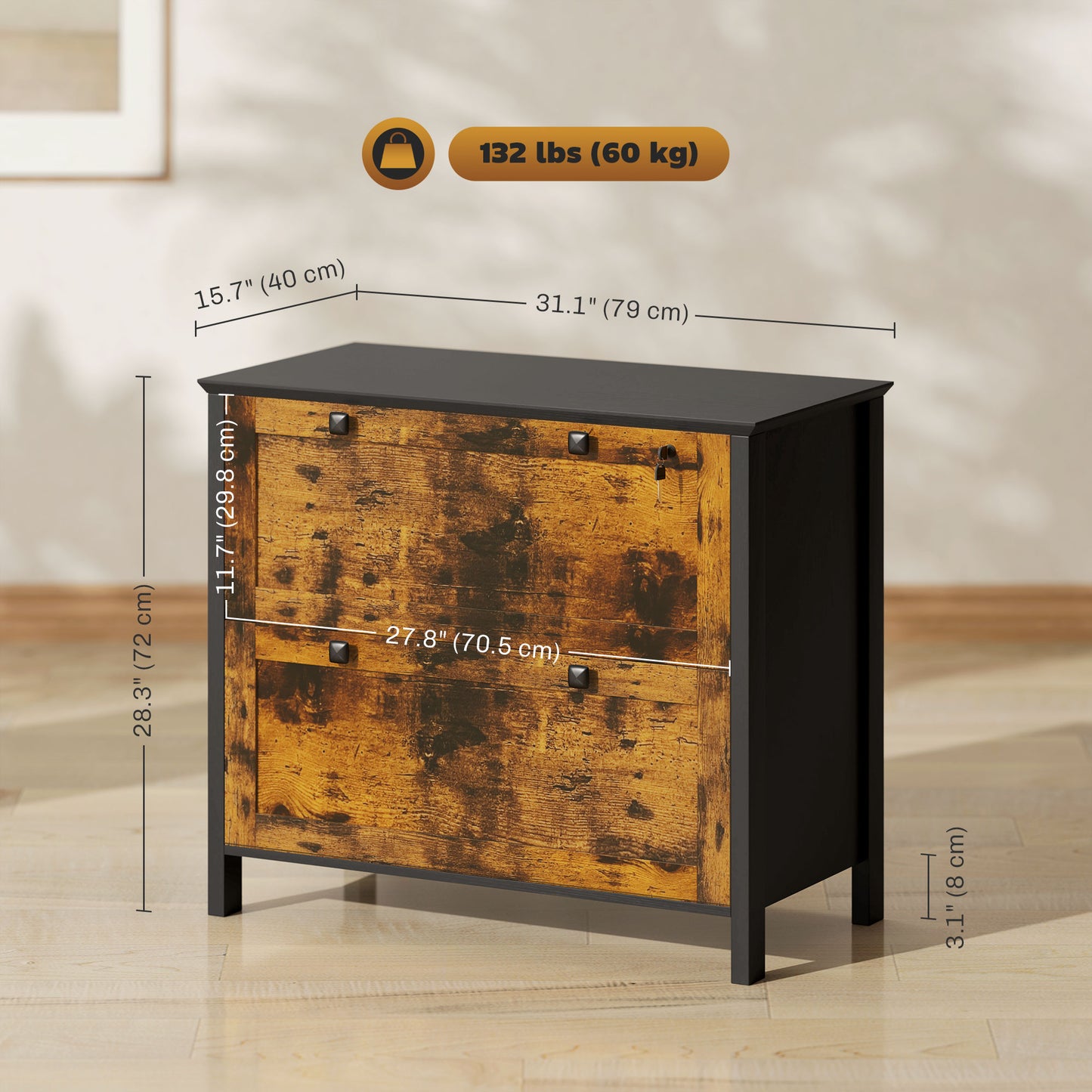 2-Drawer Wooden File Cabinet with Lock - Rustic Brown
