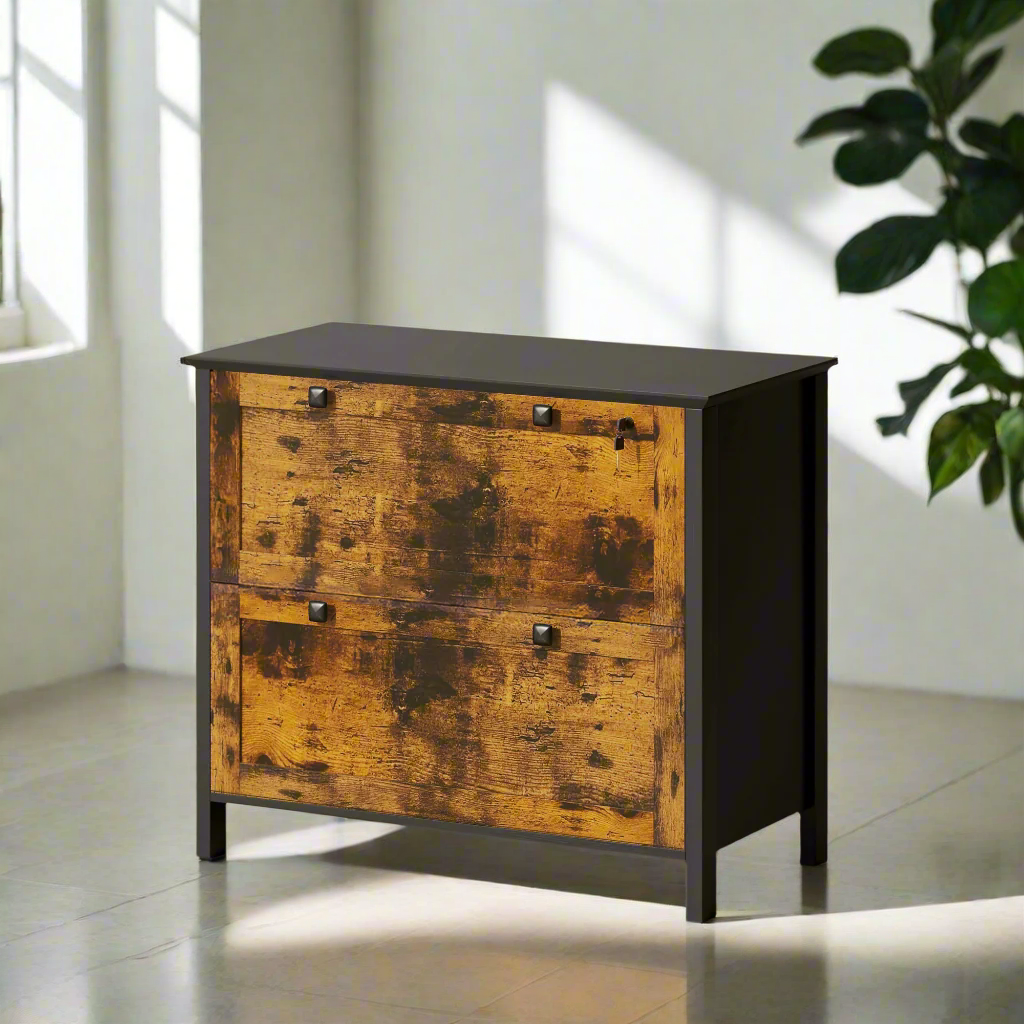 2-Drawer Wooden File Cabinet with Lock - Rustic Brown