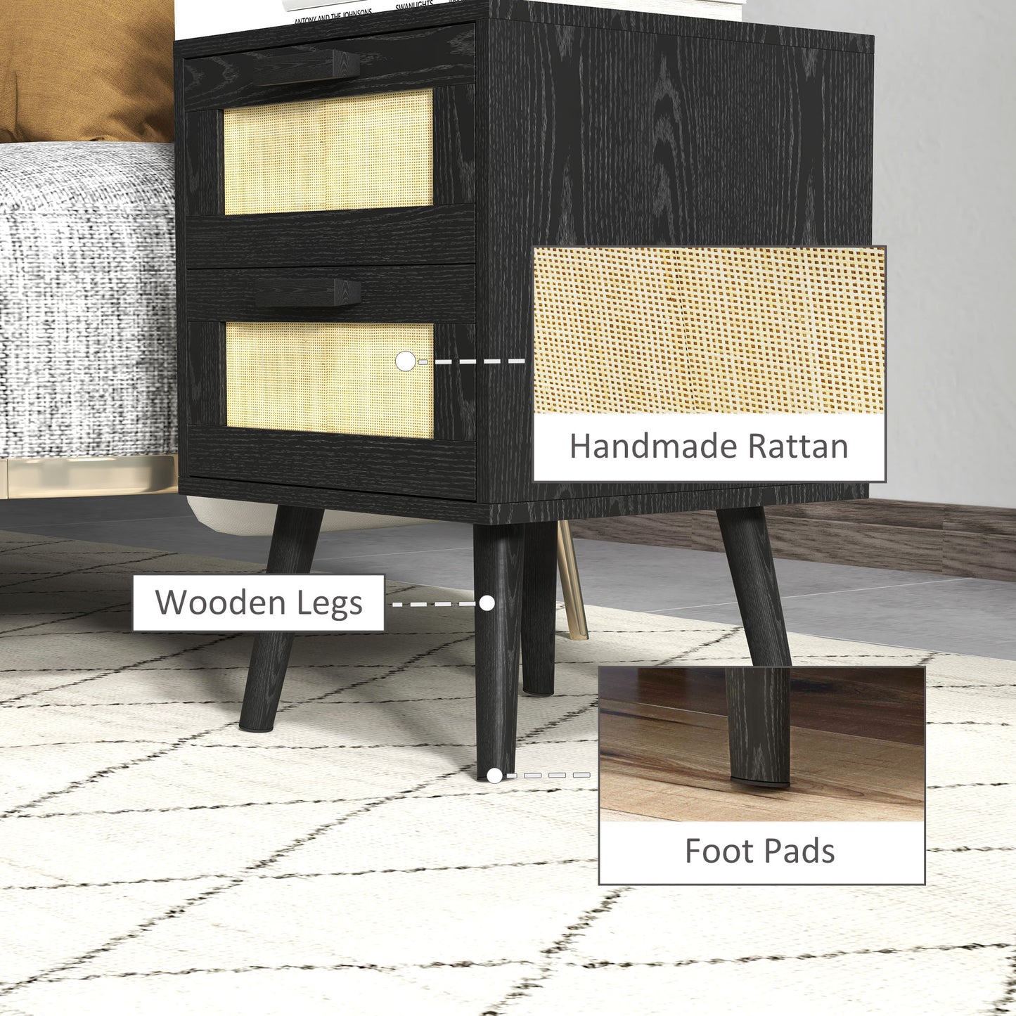 Boho Nightstands with Woven Rattan Drawers, Black (Set of 2)