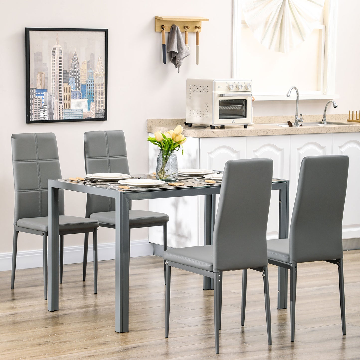 5-Piece Grey Glass Dining Table Set with Faux Leather Chairs