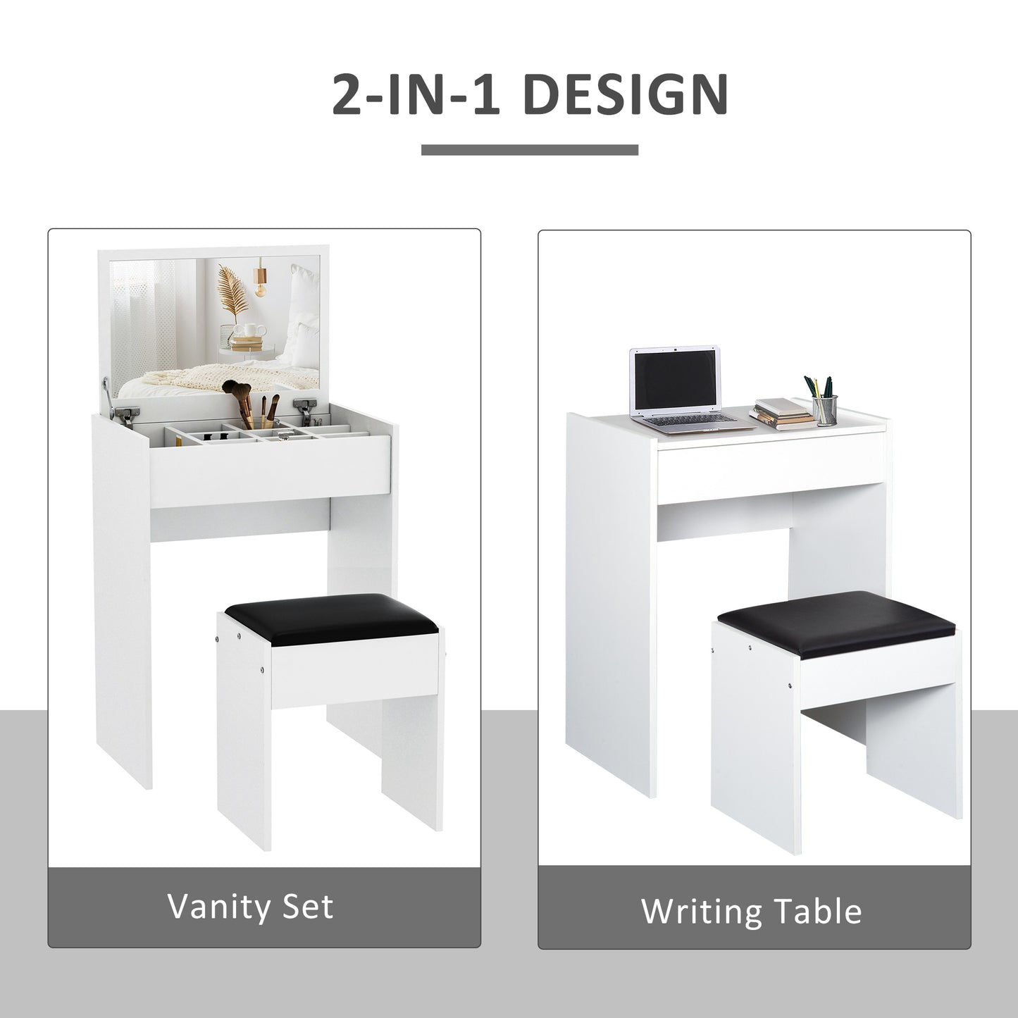 White Makeup Vanity Set with Flip-Top Mirror and Stool