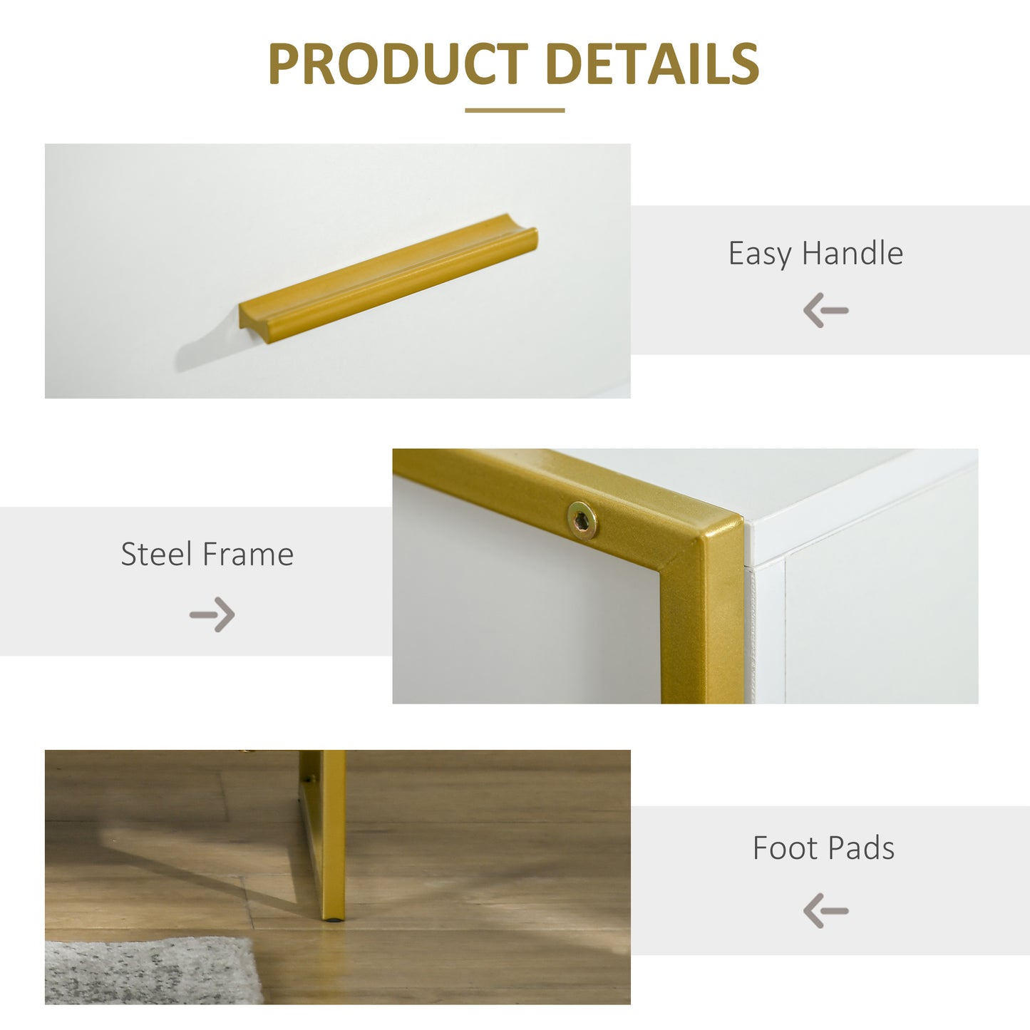 Modern Nightstands with Gold Steel Frame, White (Set of 2)