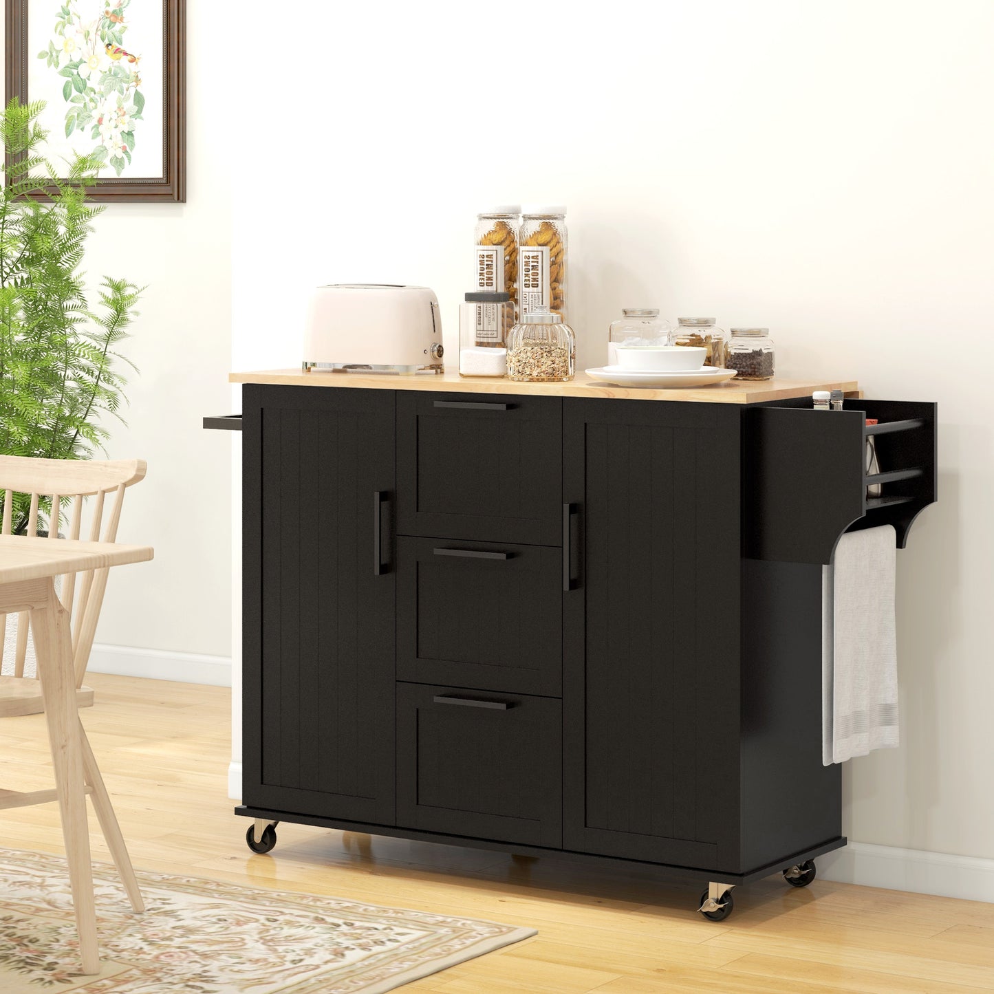 Rolling Kitchen Cart with Drop Leaf, 3 Drawers and Solid Wood Top, Black