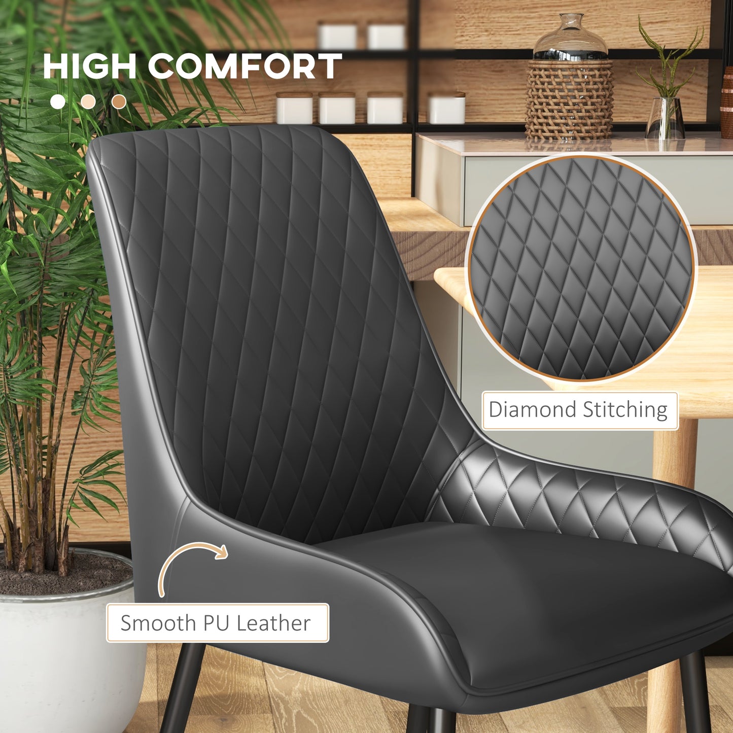 PU Leather Dining Chairs with Diamond Tufting and Metal Legs, Black (Set of 4)