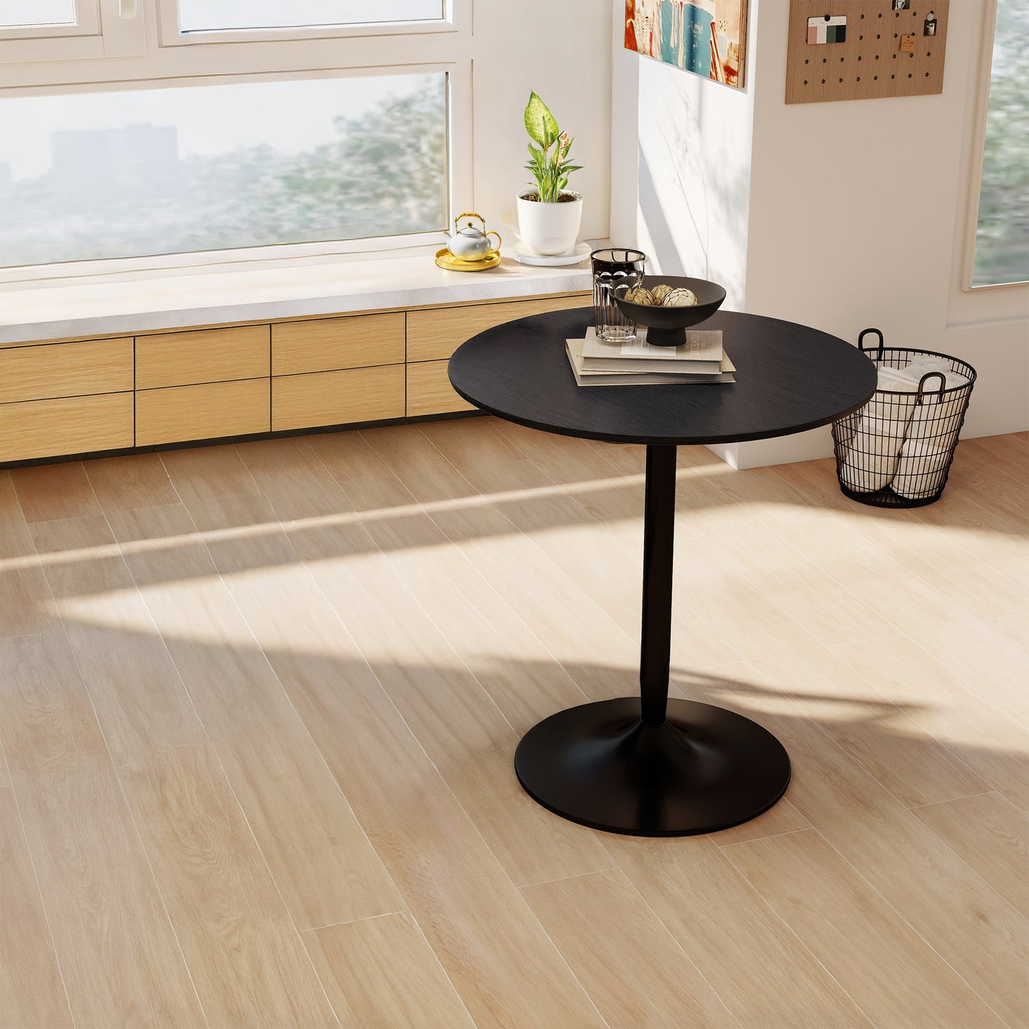 27" Round Dining Table with Wood Veneer and Steel Pedestal Base, Black