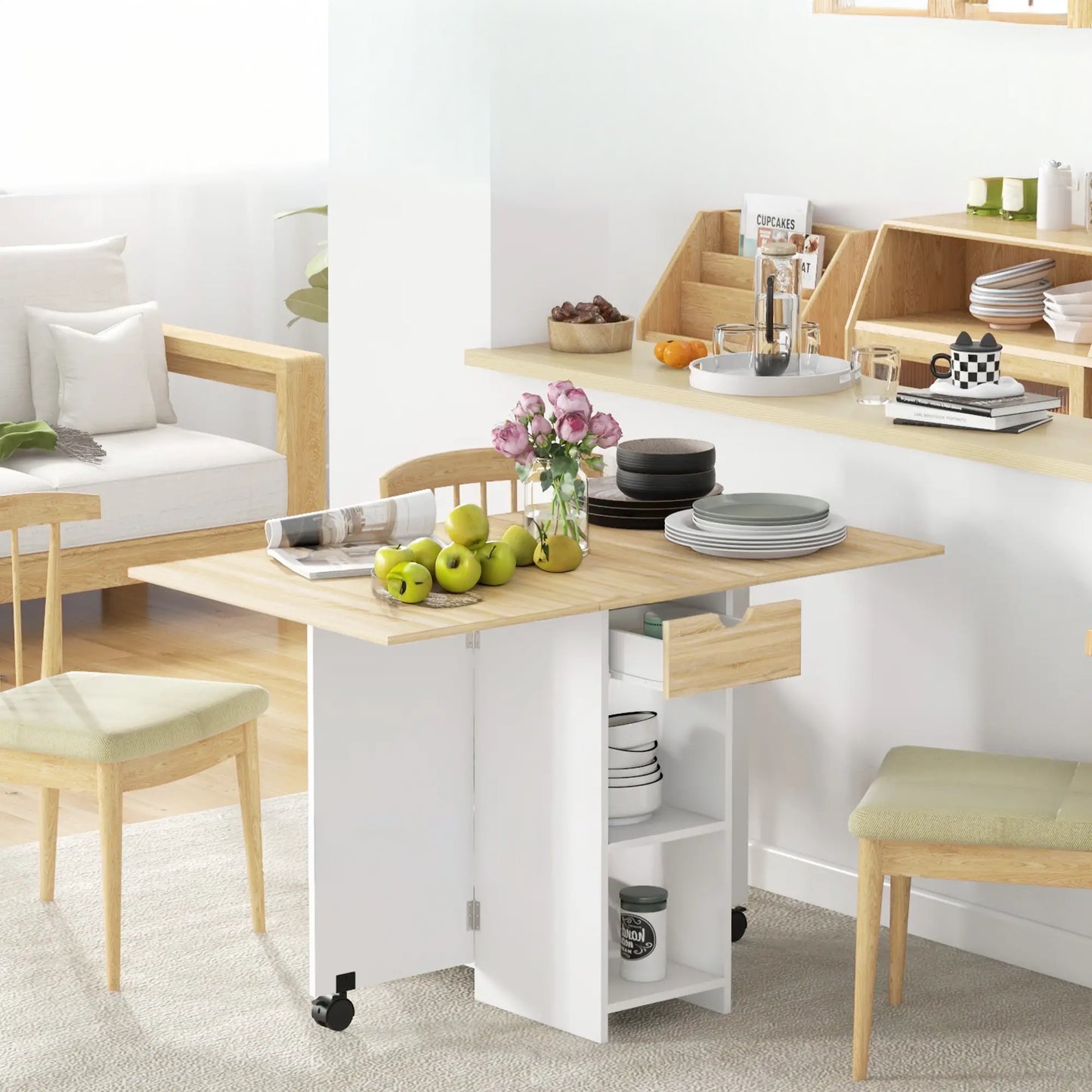 Folding Dining Table with Drawer and Storage Shelves - Oak