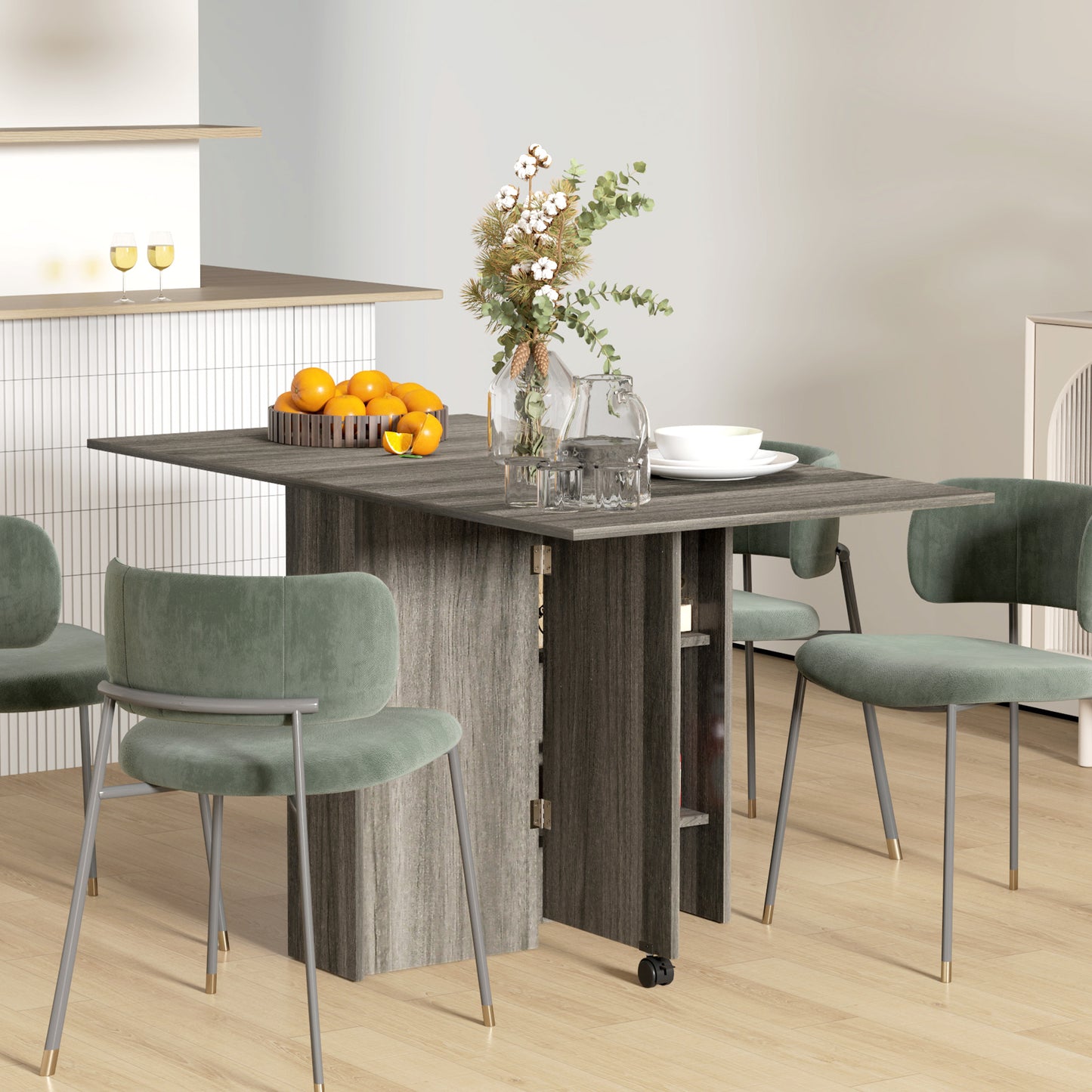 Grey Wood Grain Extendable Dining Table with Shelves