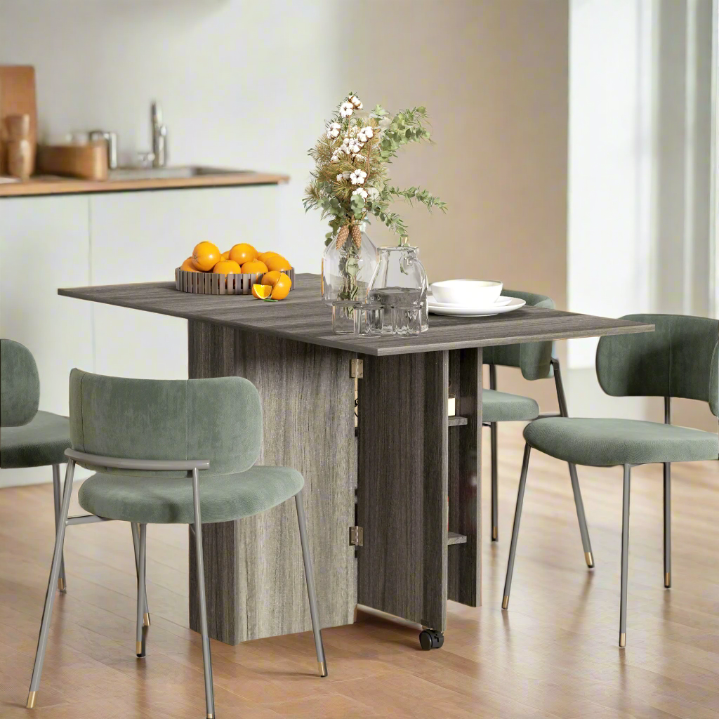 Grey Wood Grain Extendable Dining Table with Shelves