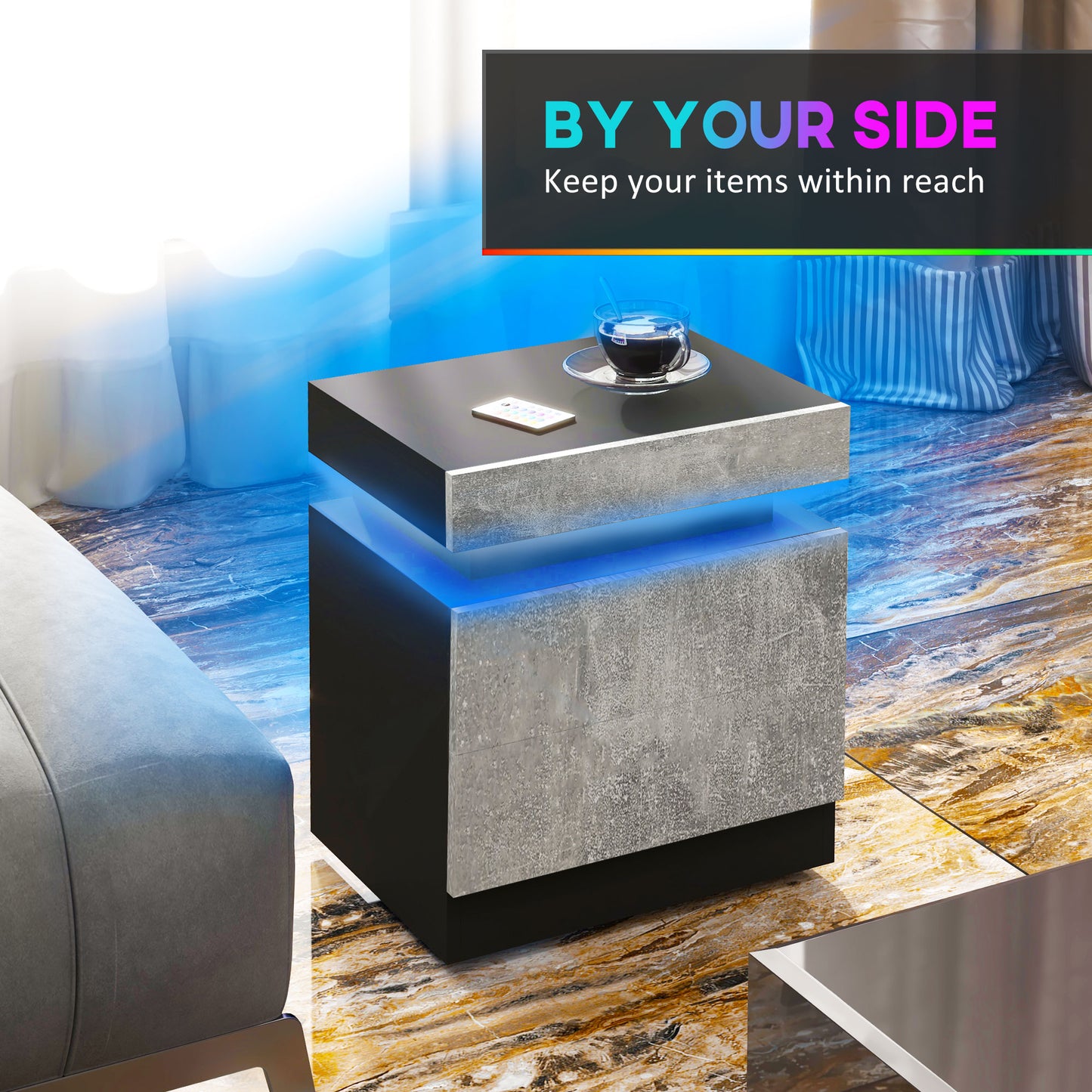 LED Nightstand with Remote Control and 2 Drawers, Cement Gray