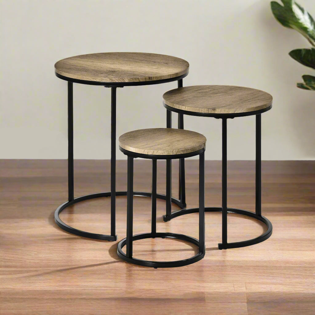 Round Nesting Coffee Table Set of 3 with Steel Frame - Natural Wood