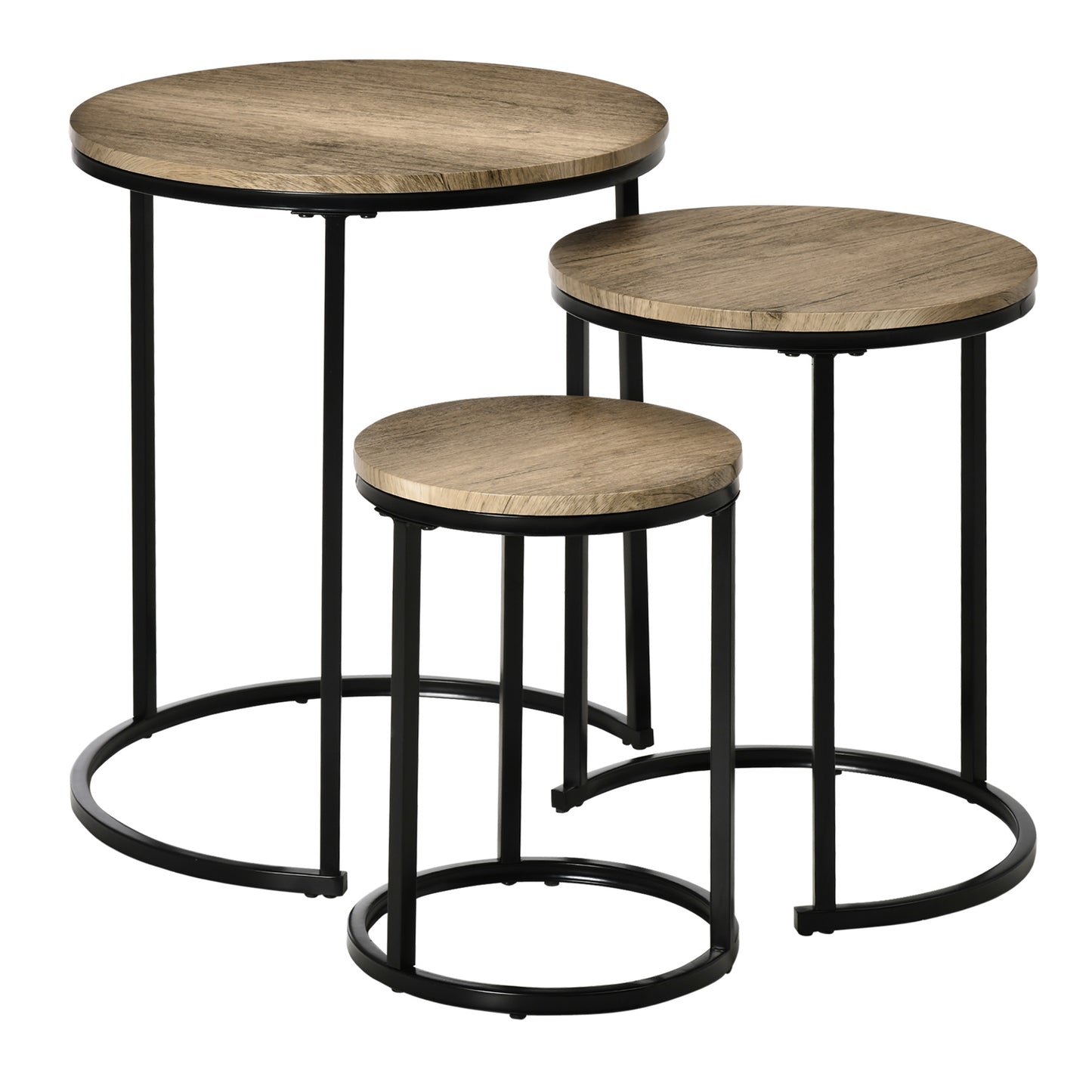 Round Nesting Coffee Table Set of 3 with Steel Frame - Natural Wood