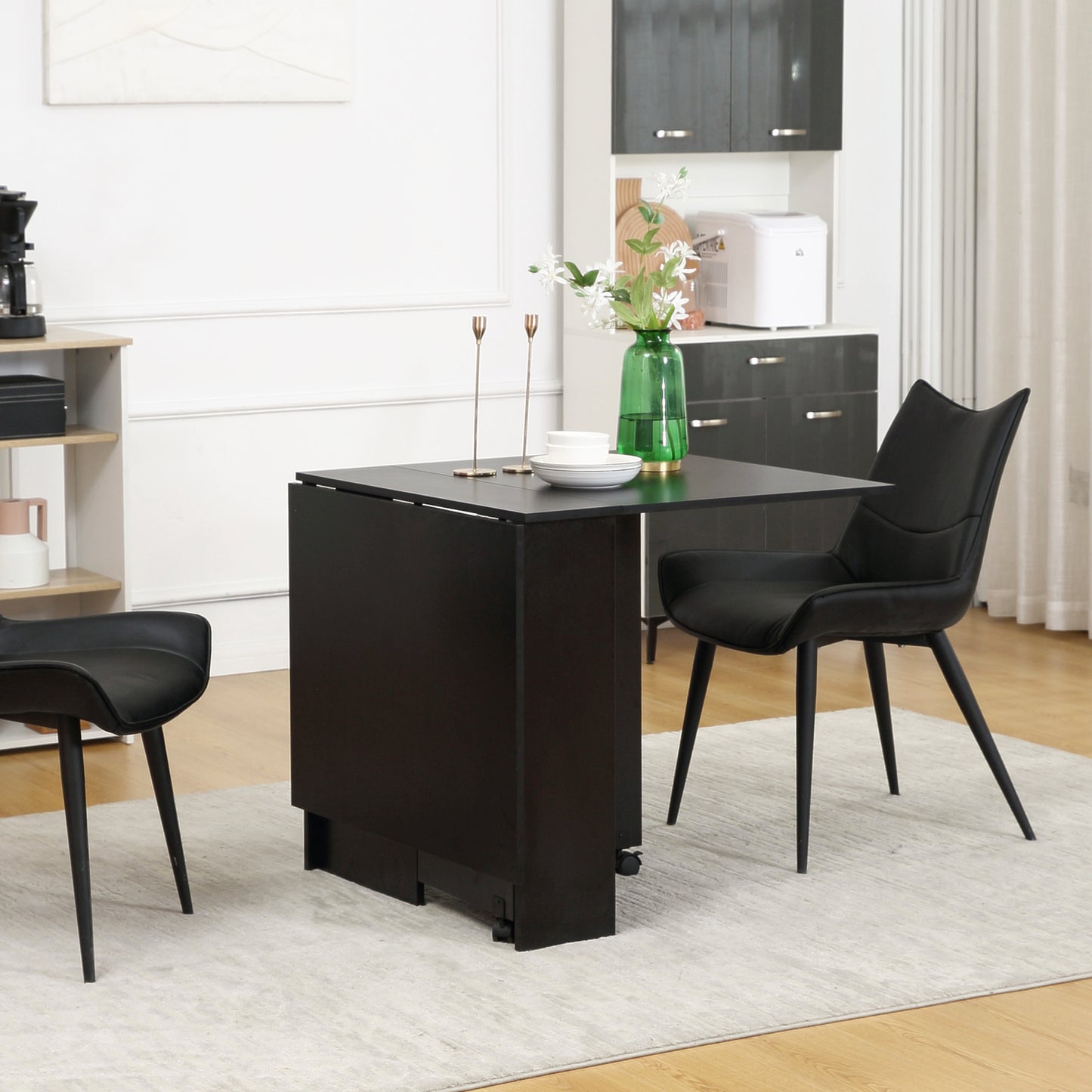 Extendable Dining Table with Storage Shelves and Rolling Wheels - Black
