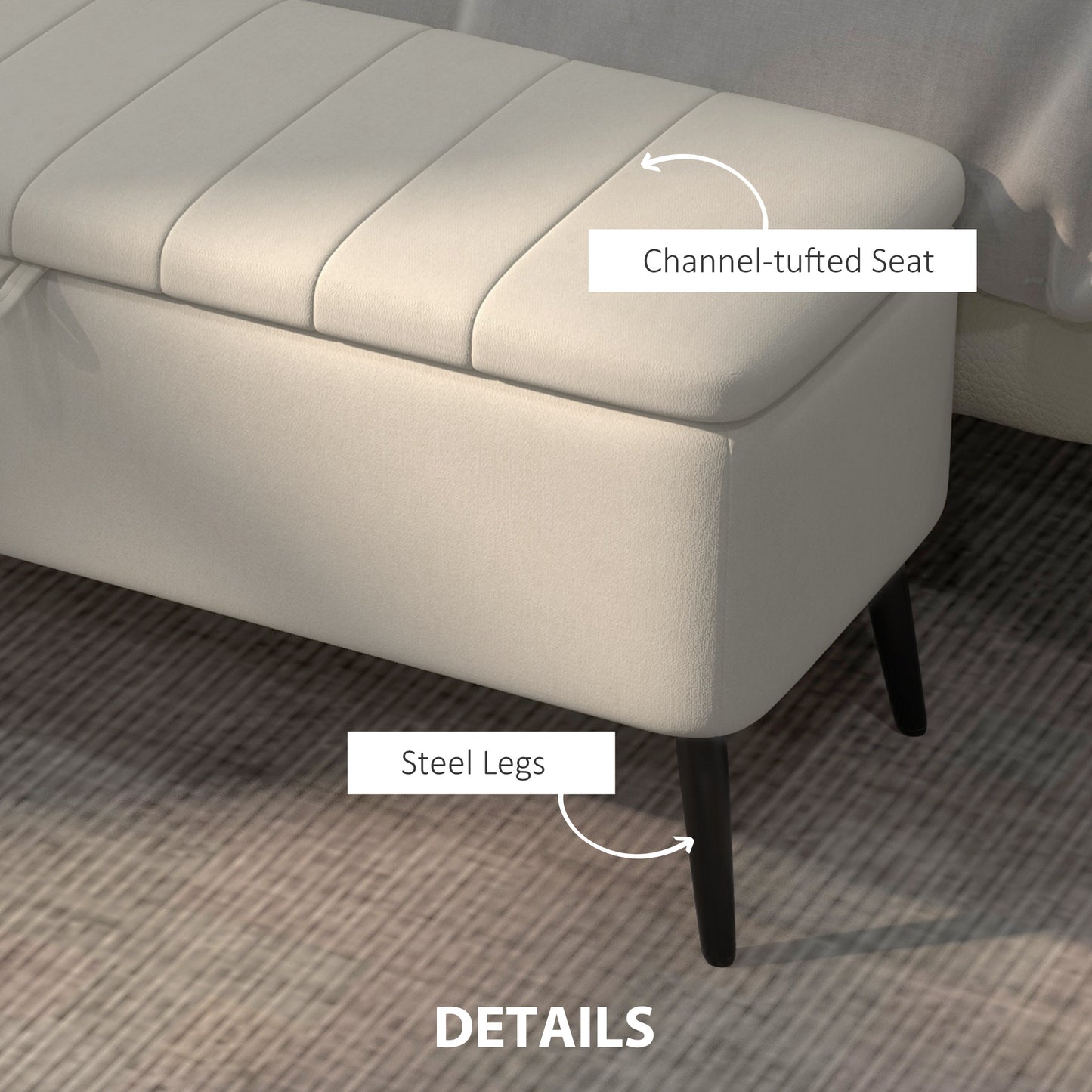 40" Linen Storage Ottoman Bench with Steel Legs, Cream White