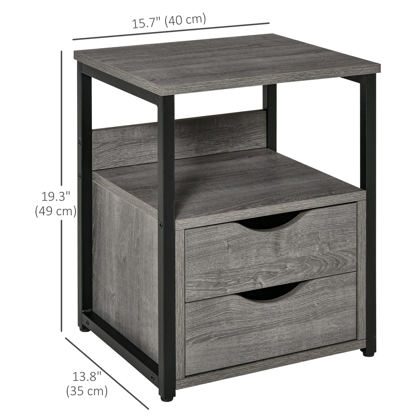 Industrial Style Nightstand with 2 Drawers and Storage Shelf, Gray
