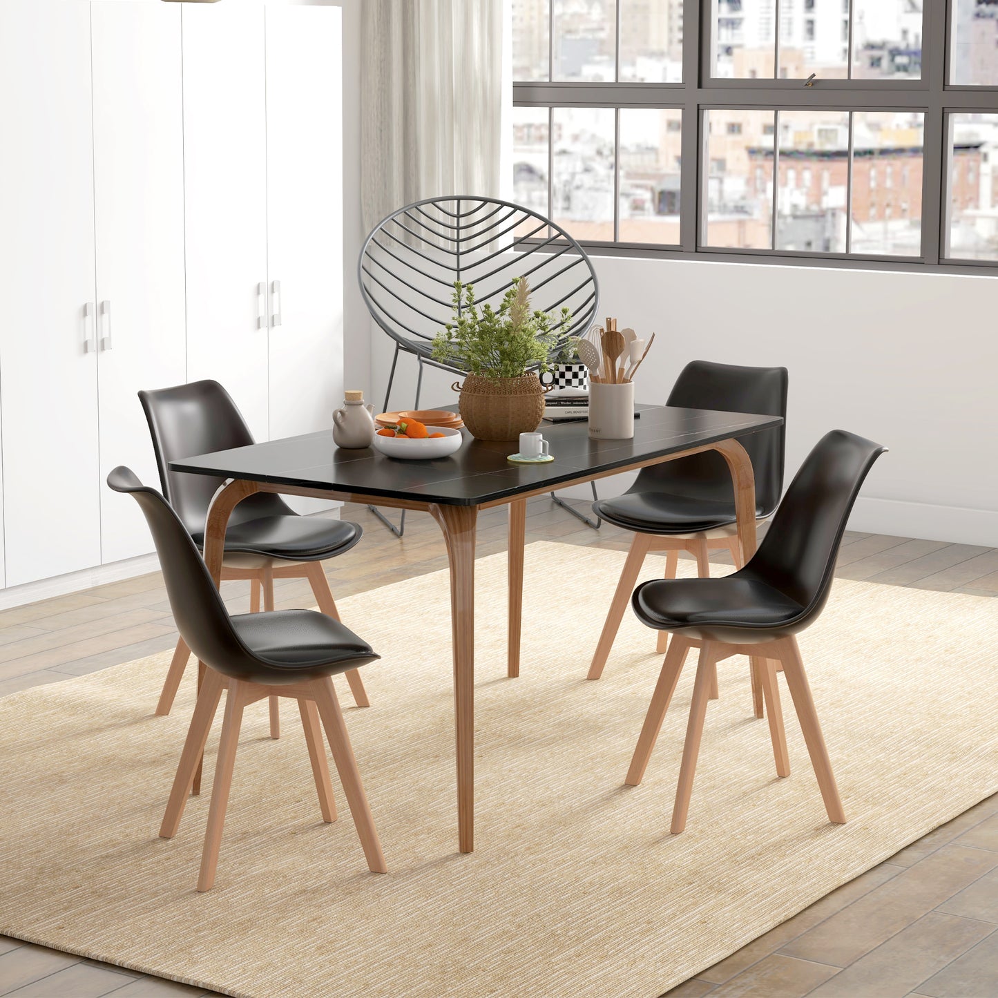 Modern Dining Chairs Set of 4 with PU Leather Cushions - Black