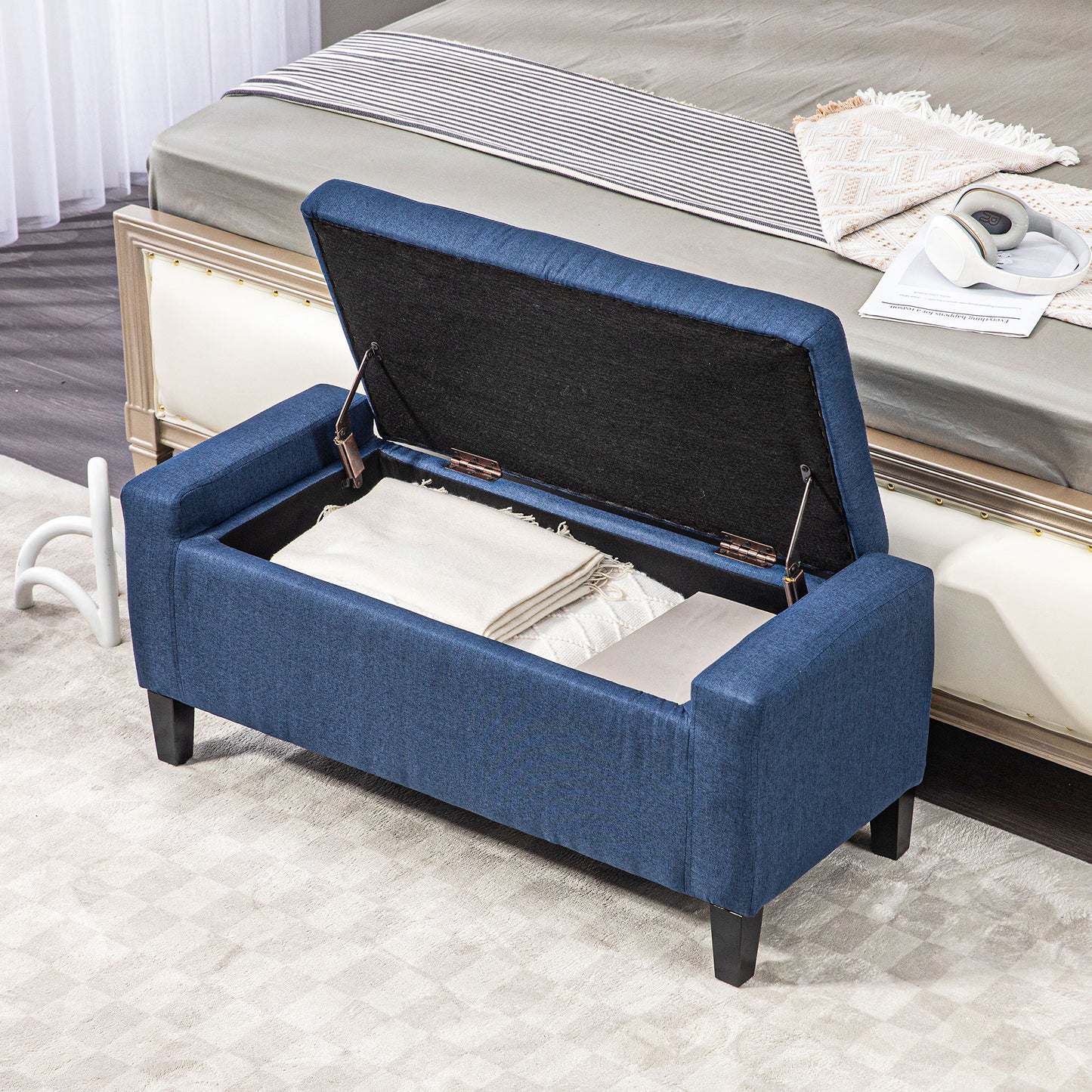 Linen Upholstered Storage Ottoman Bench with Tufted Design, Dark Blue