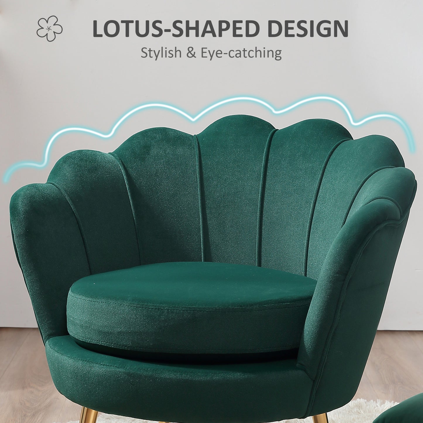 Modern Velvet Accent Chair with Lotus Backrest and Gold Legs, Dark Green