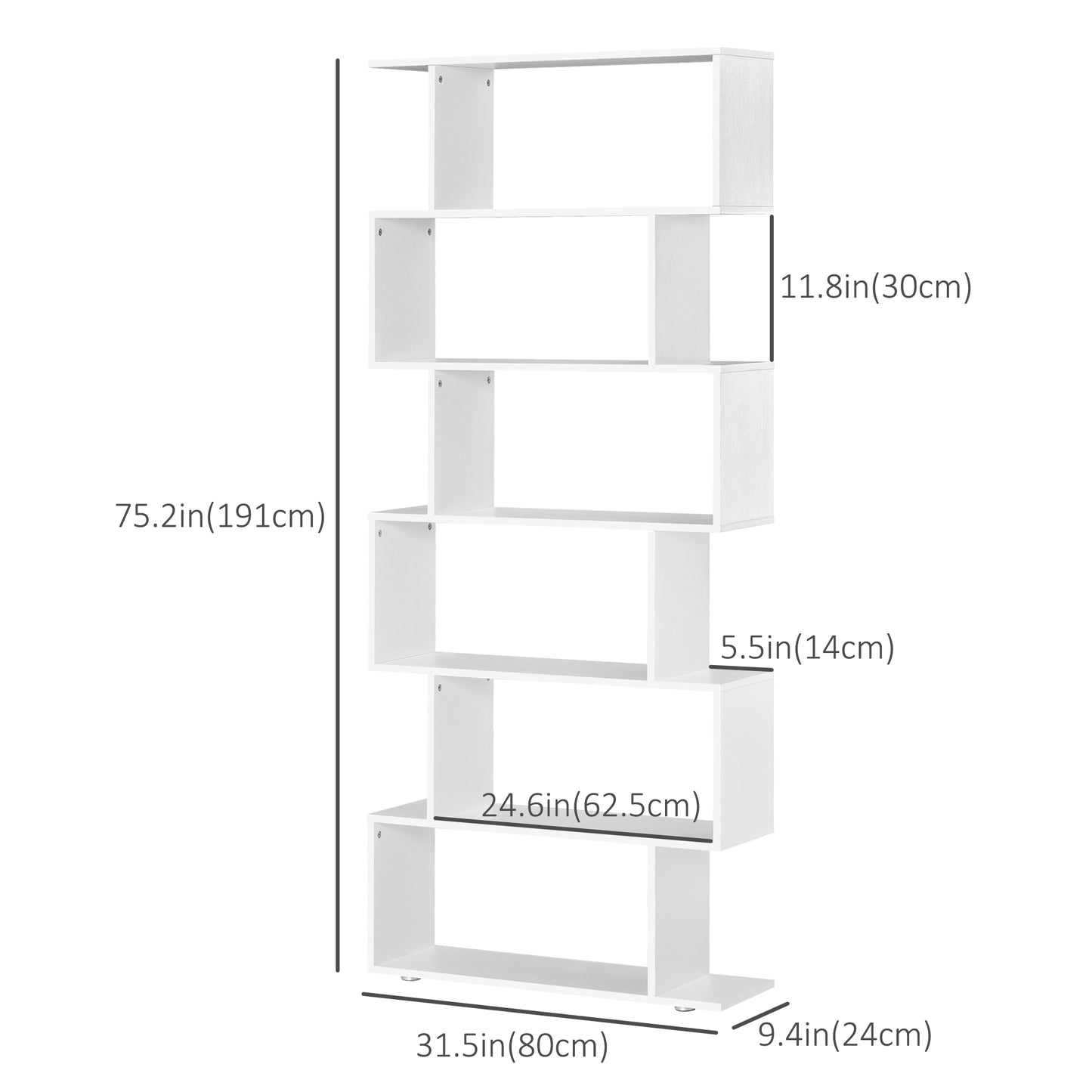 6-Tier Z-Shaped Geometric Bookcase, White