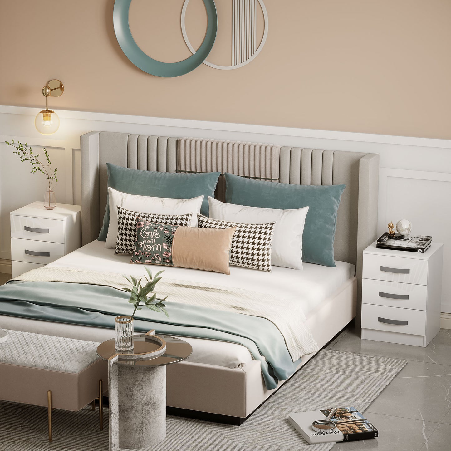 Modern High Gloss Nightstands with 3 Drawers, White (Set of 2)