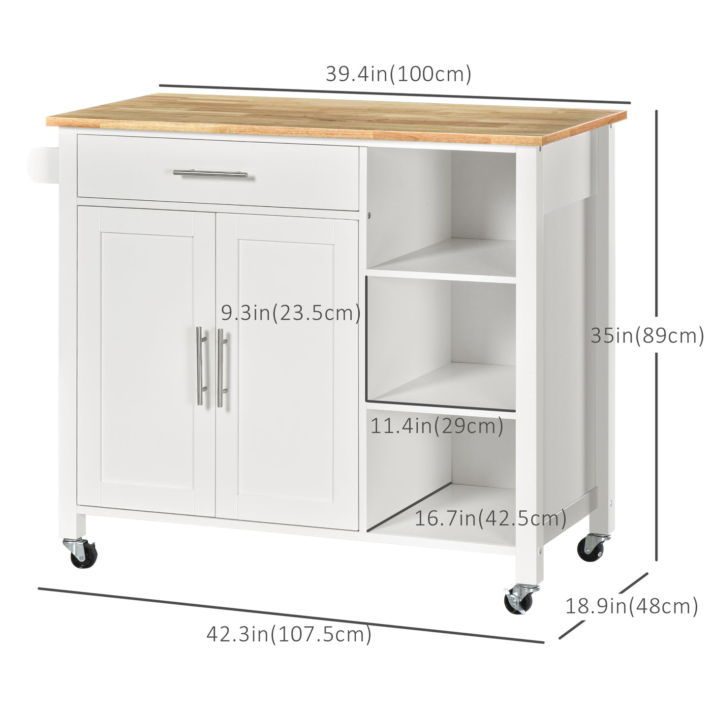 Wooden Rolling Kitchen Island with 360° Swivel Wheels, Drawer and Towel Rack, White