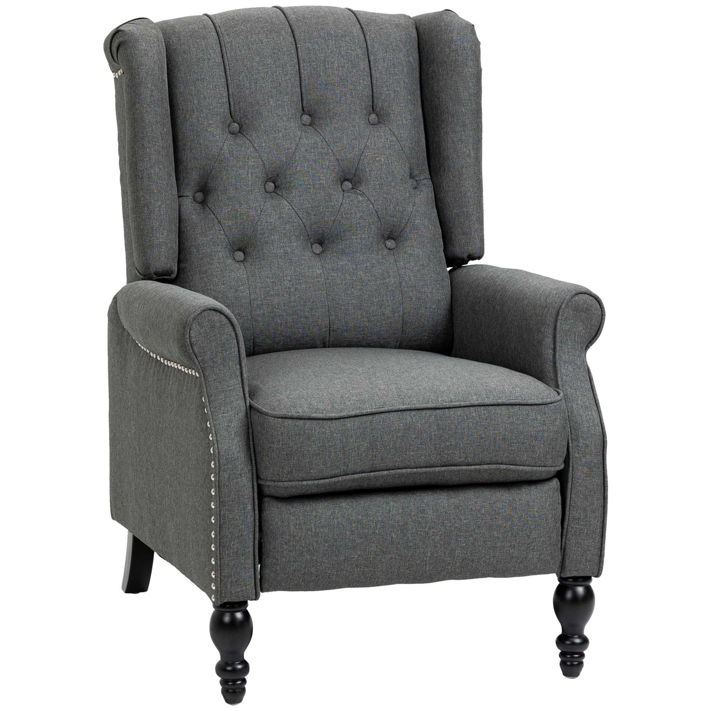 Manual Reclining Chair with Button Tufted Backrest, Dark Grey