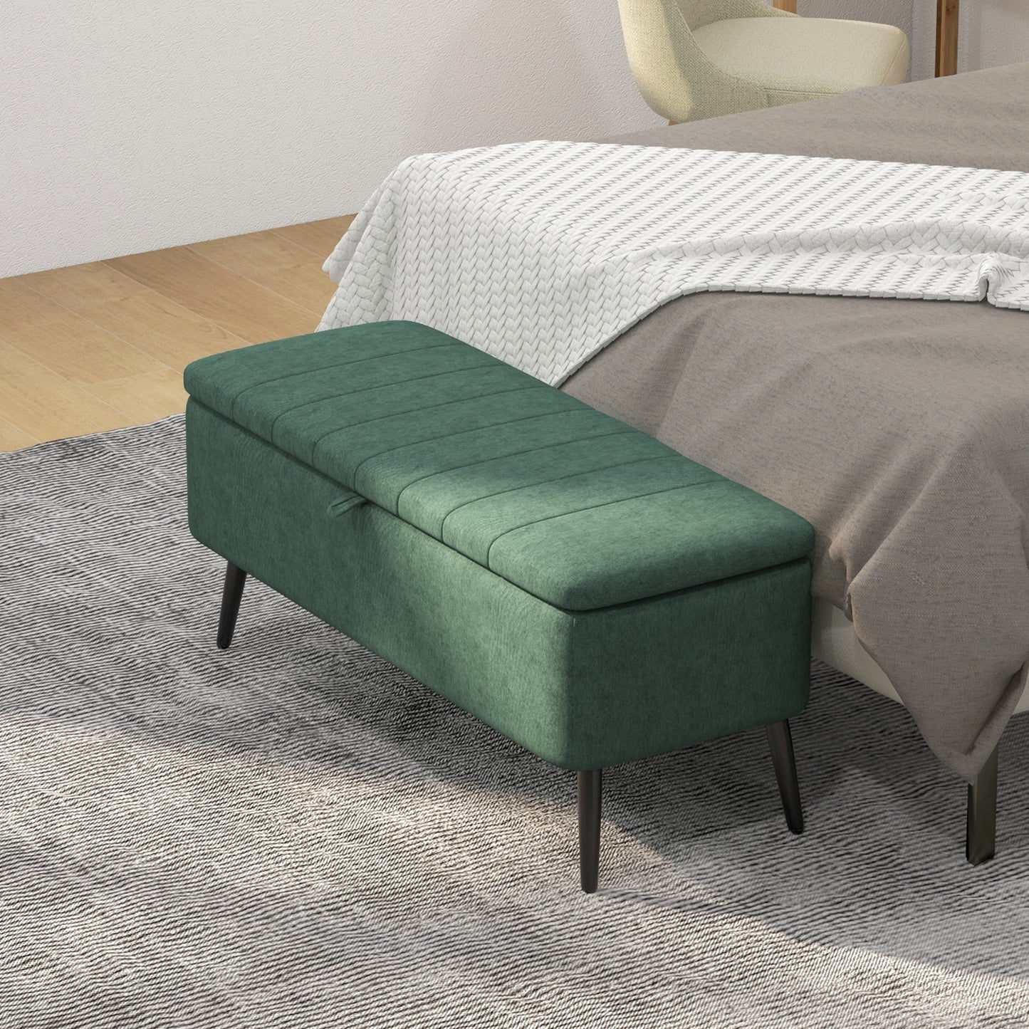 40" Linen Storage Ottoman Bench with Steel Legs, Dark Green