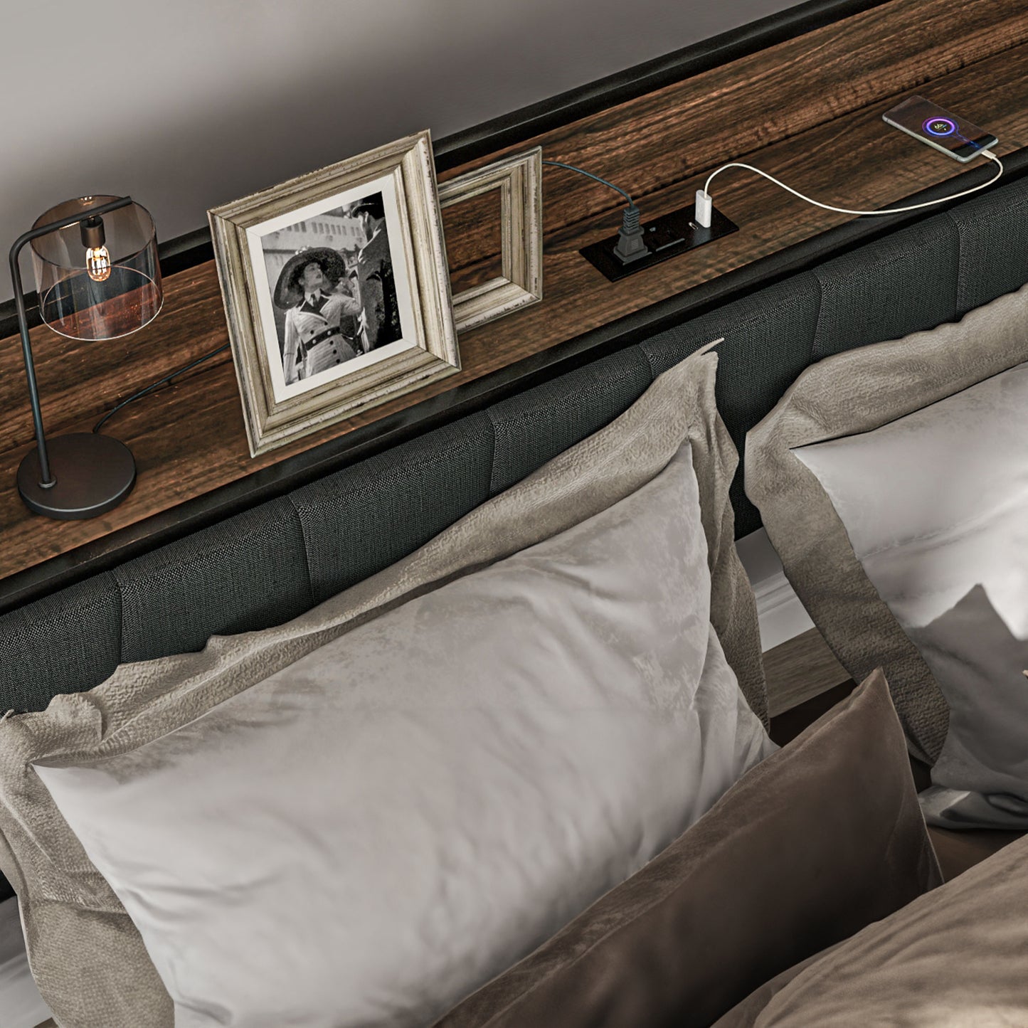Full Size Bed Frame with Upholstered Headboard and Charging Station