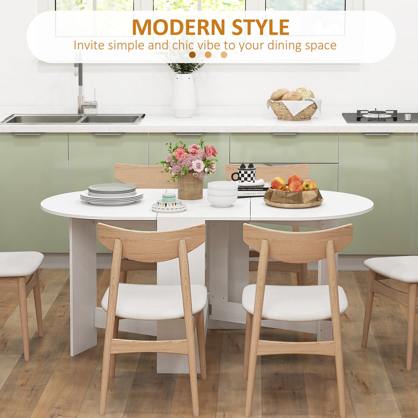 Oval Drop Leaf Dining Table with Space-Saving Design for Up to 6 People, Distressed White