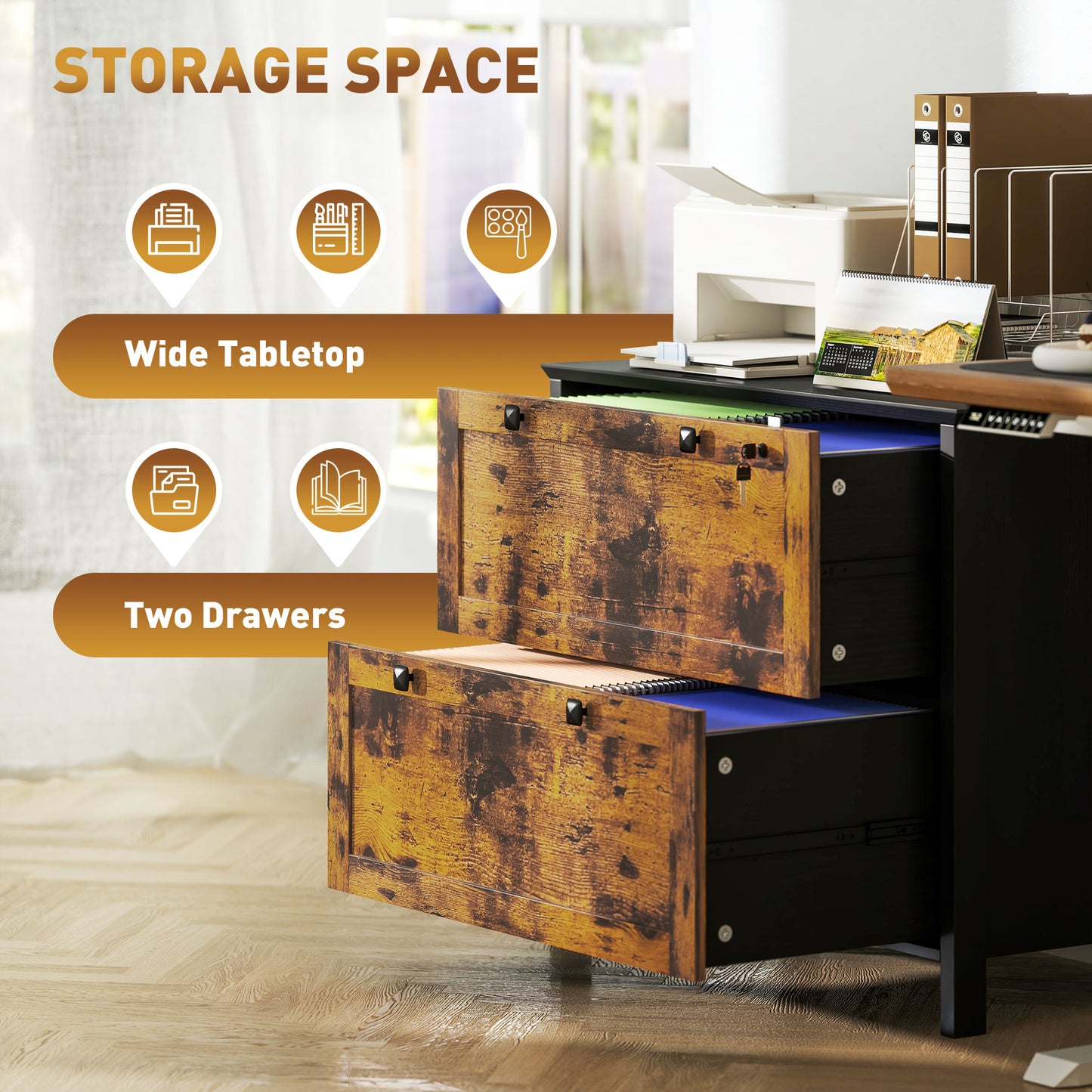 2-Drawer Wooden File Cabinet with Lock - Rustic Brown