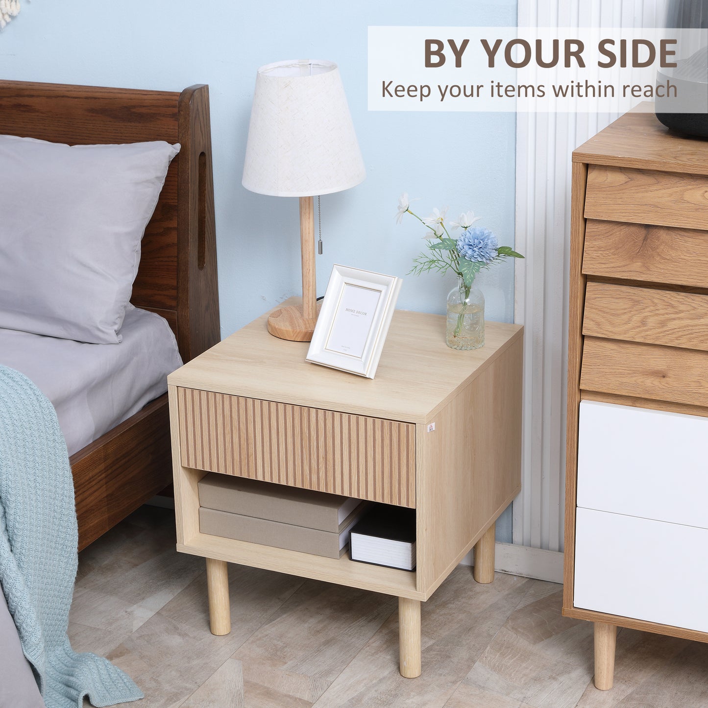 Modern Bedside Table with Drawer and Open Shelf, Natural Wood
