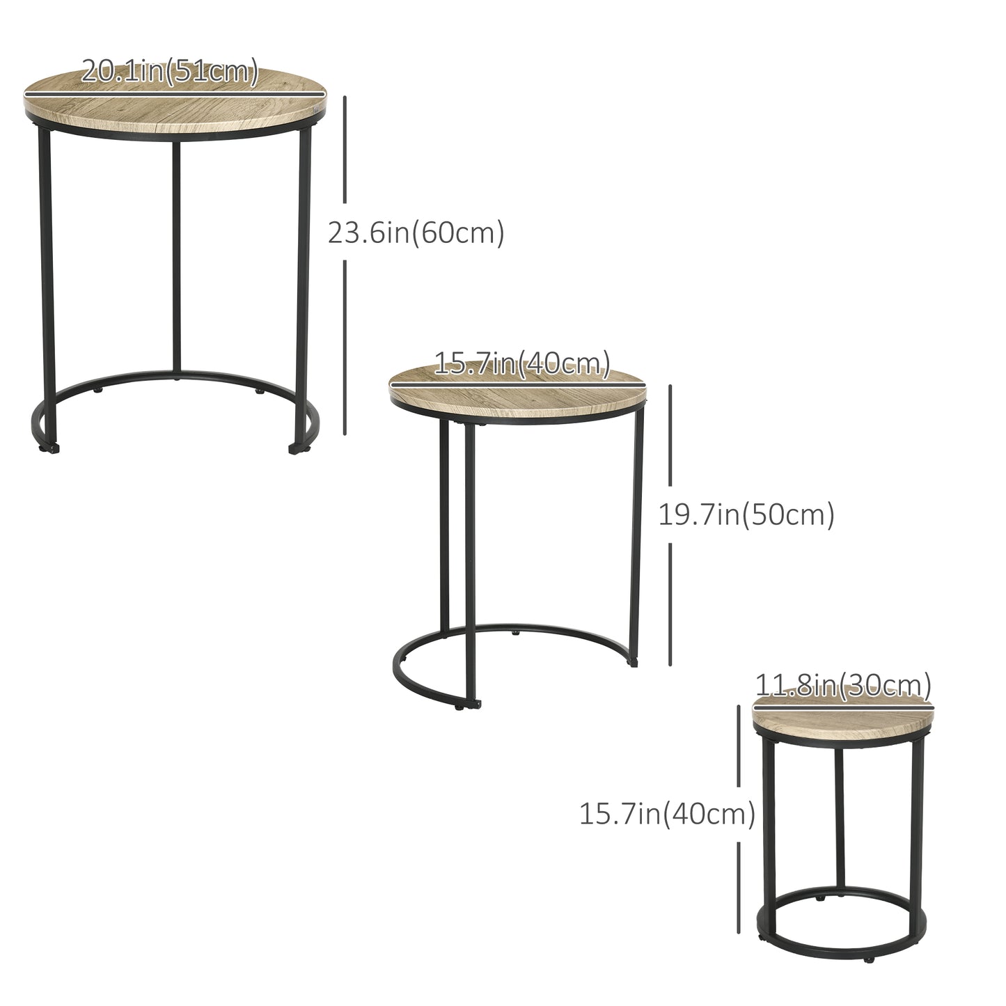 Round Nesting Coffee Table Set of 3 with Steel Frame - Natural Wood