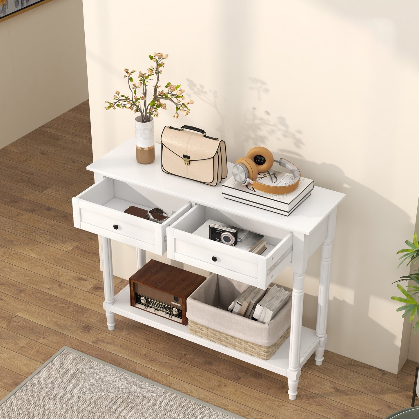 36" Console Table with Classic Turned Legs and Storage, White