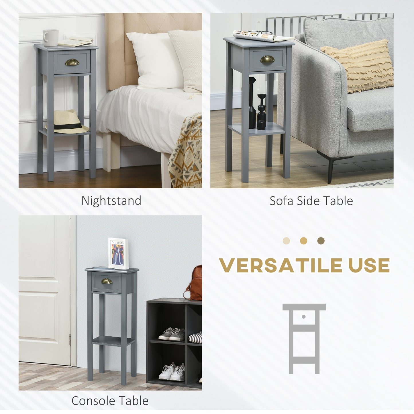 Narrow Tall Side Tables with Drawer and Shelf, Gray (Set of 2)