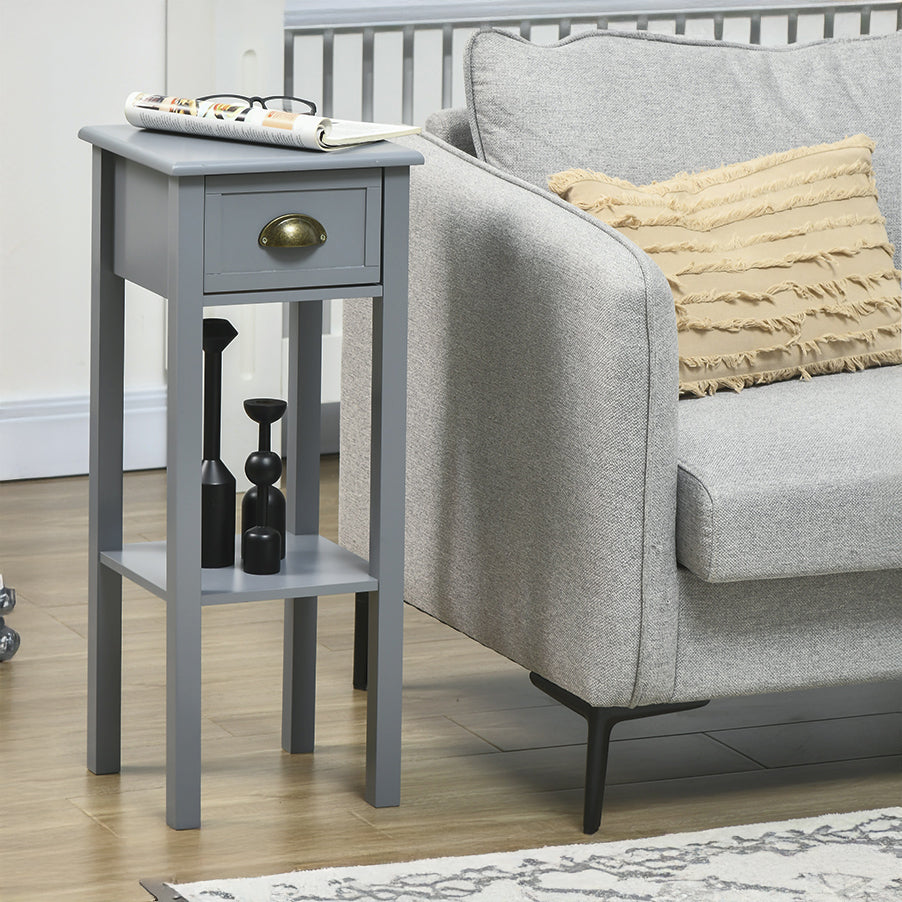 Narrow Tall Side Tables with Drawer and Shelf, Gray (Set of 2)