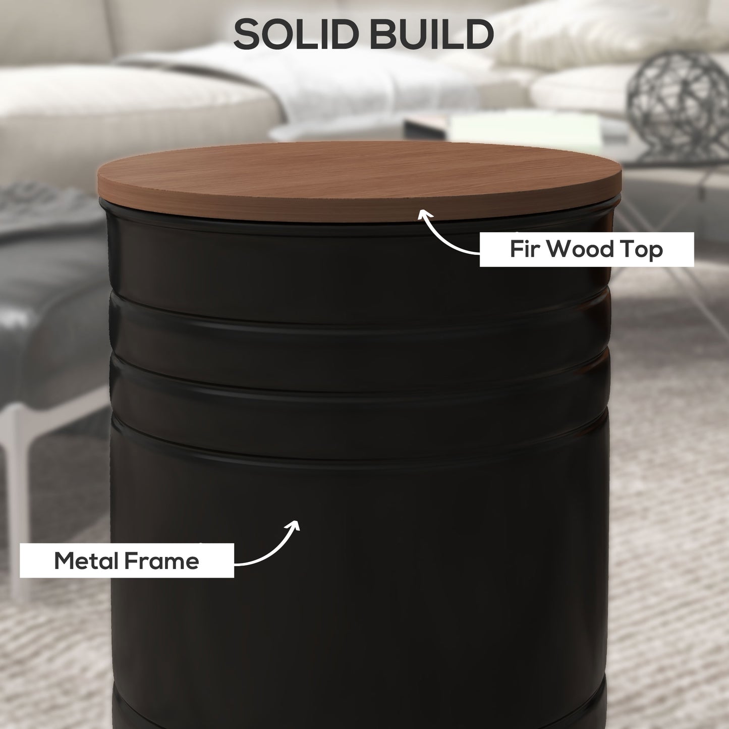 Round Nesting Side Tables with Hidden Storage and Wooden Lids, Black (Set of 2)