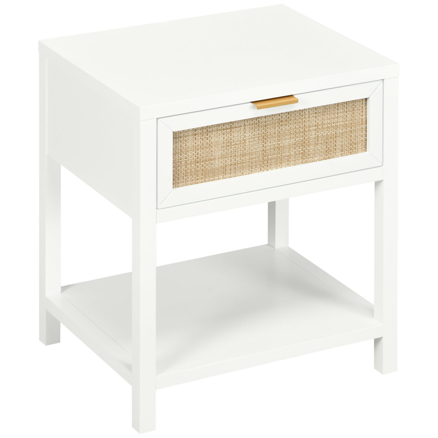 Boho Nightstand with Rattan Drawer and Open Shelf, White