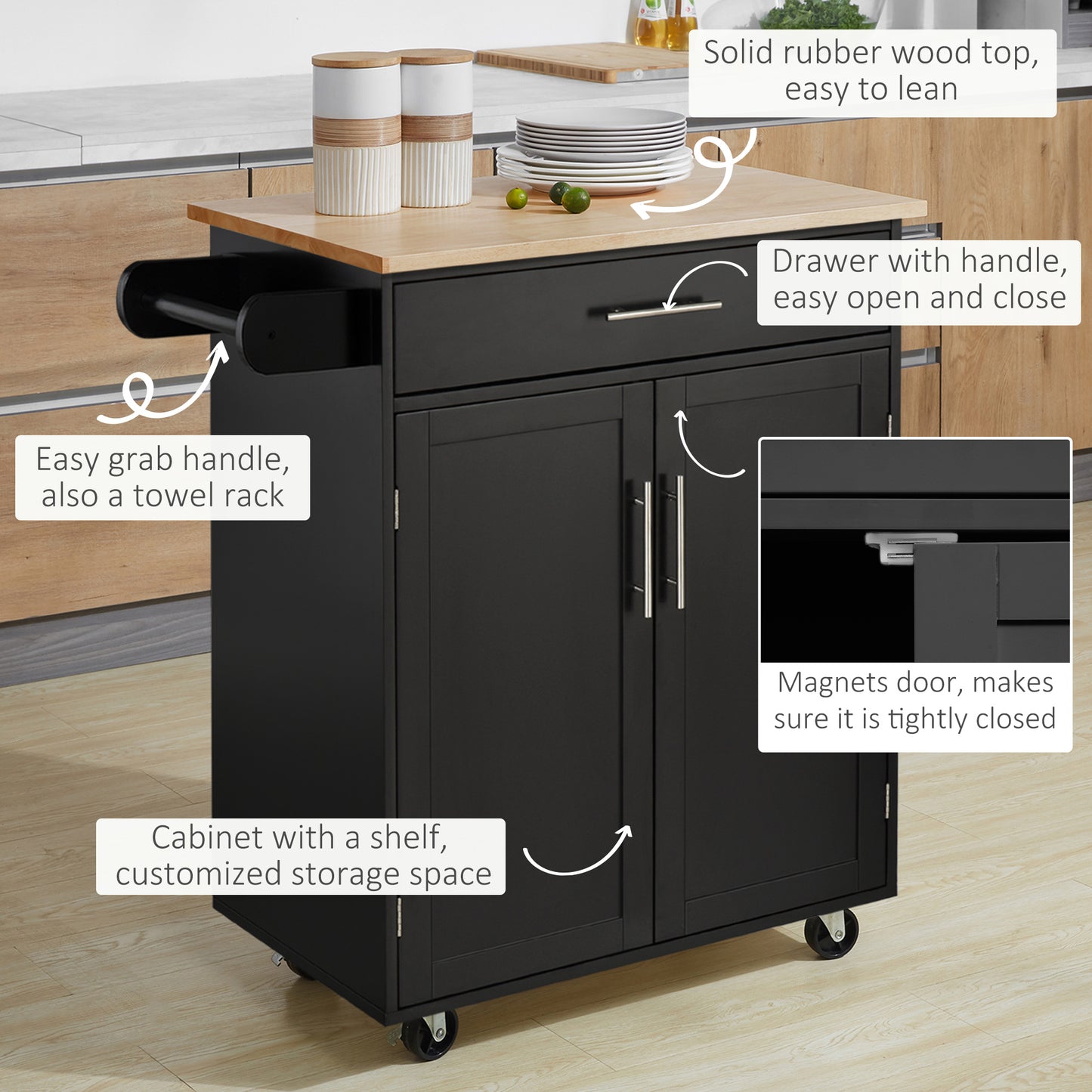 Rolling Kitchen Island Cart with Wood Top, Storage Drawer and Towel Rack, Black