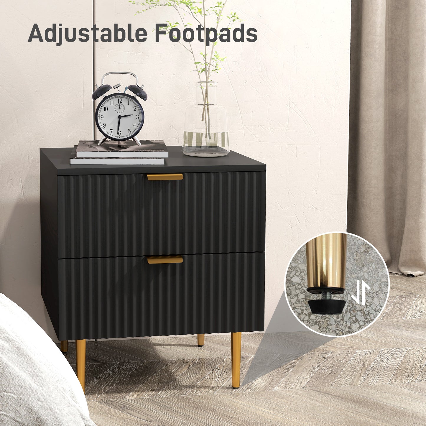 Modern Nightstand with Gold Finger Pulls and Fluted Drawers, Black