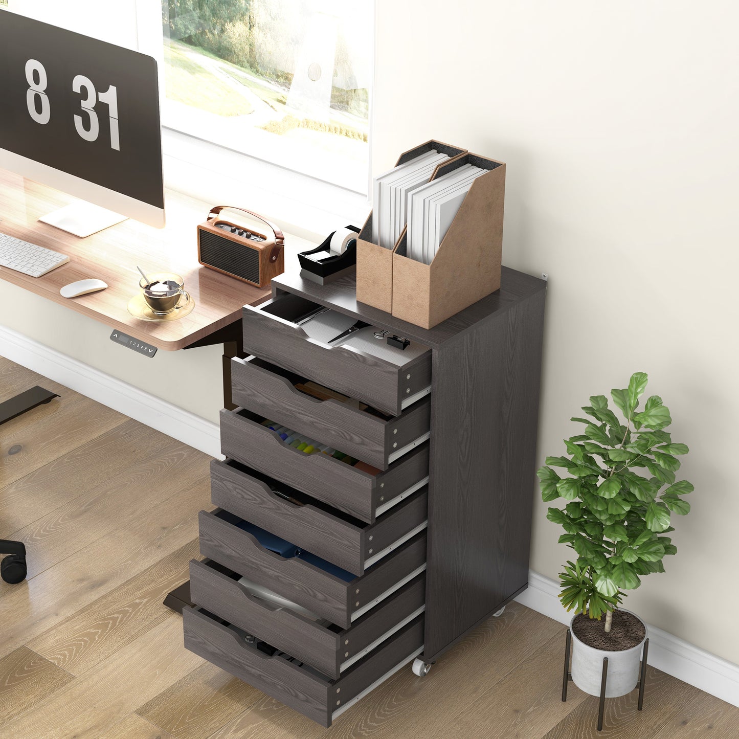 7-Drawer Mobile Storage Cabinet for Home Office - Grey Wood Grain