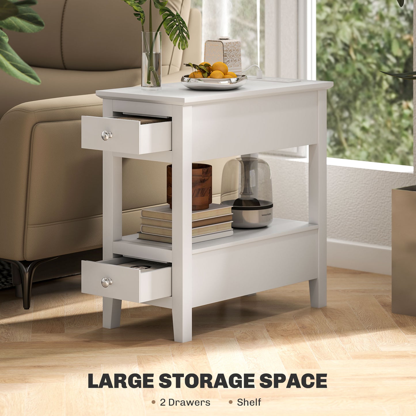 Narrow Side Table with Built-in Charging Station and USB Ports, White